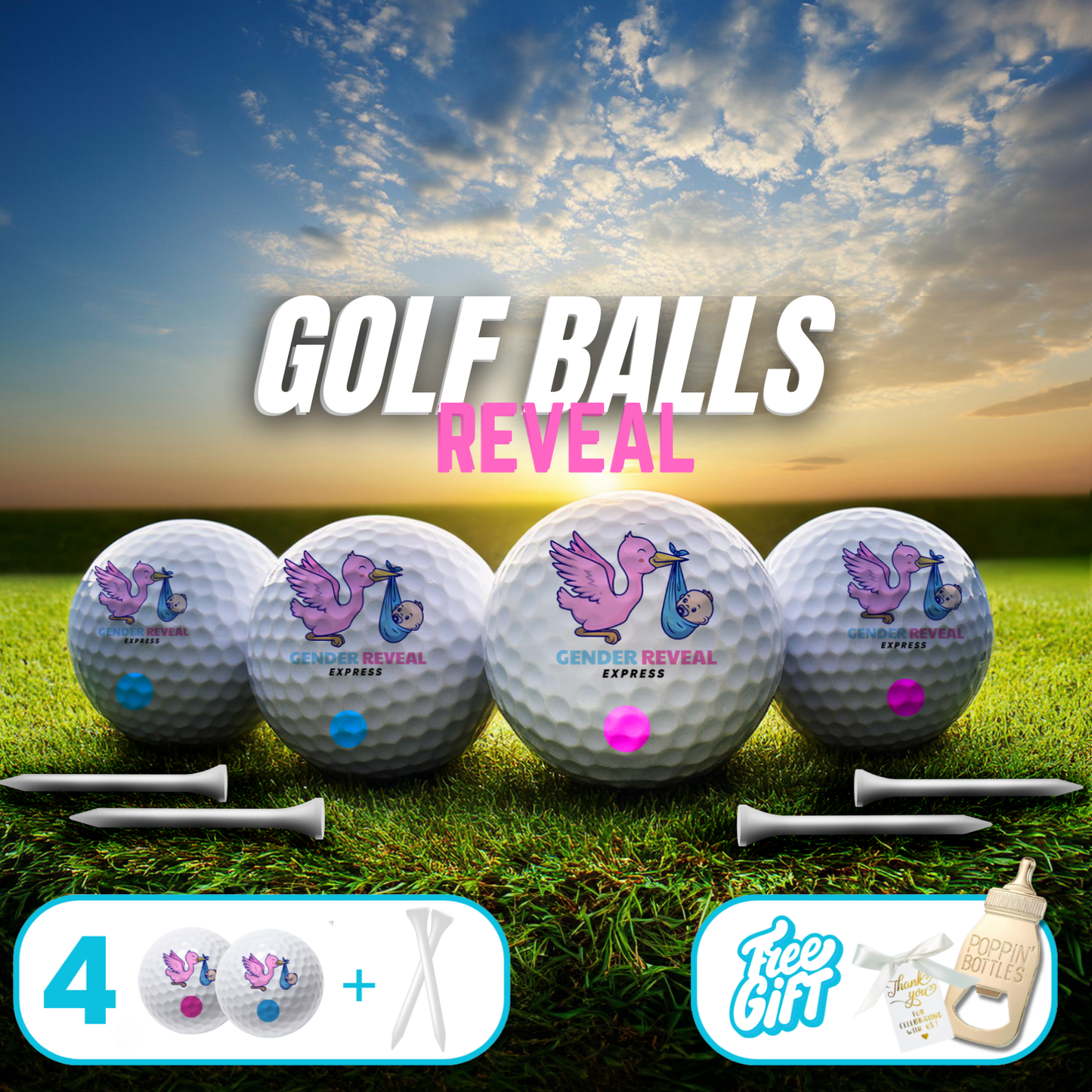 Set of Gender Reveal Golf Balls with pink and blue powder for reveal parties