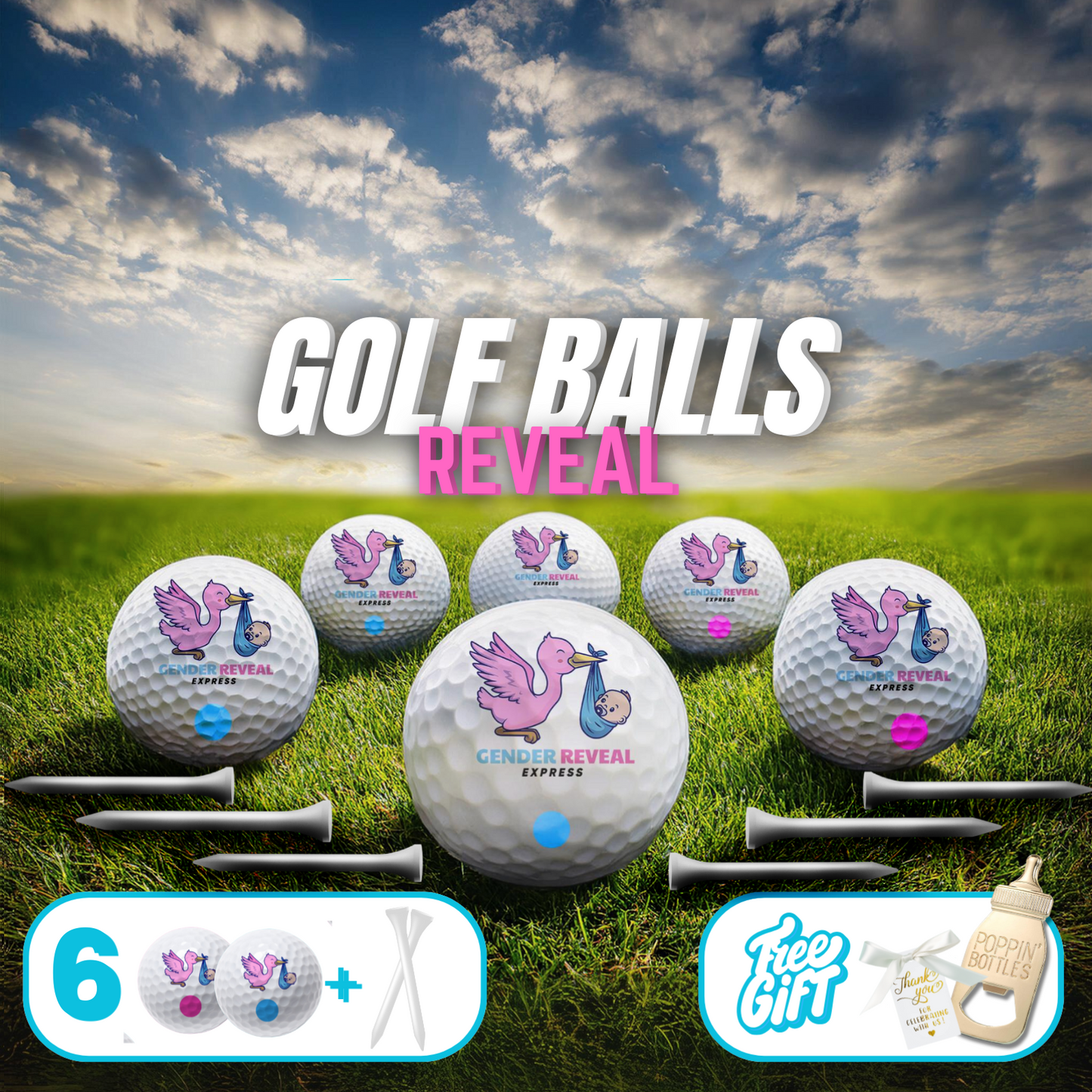 Gender Reveal Golf Balls with pink and blue powder for exciting reveal events