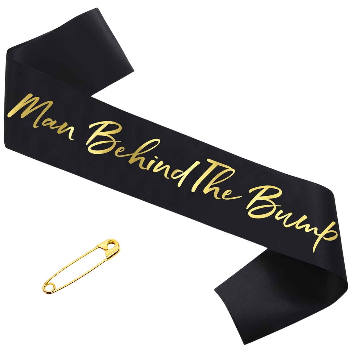 Gender Reveal Gold and Black sash with gold text 'Man Behind The Bump' and a gold pin on a white background
