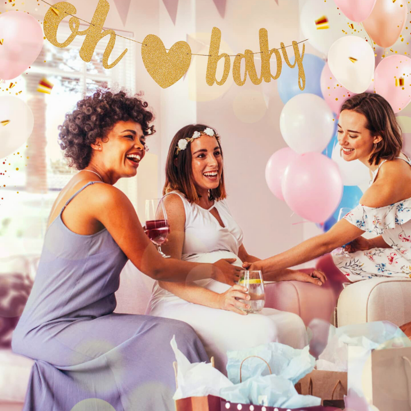 Party Celebration "Oh Baby" Gold Glitter Banner for Gender Reveal & Baby Shower