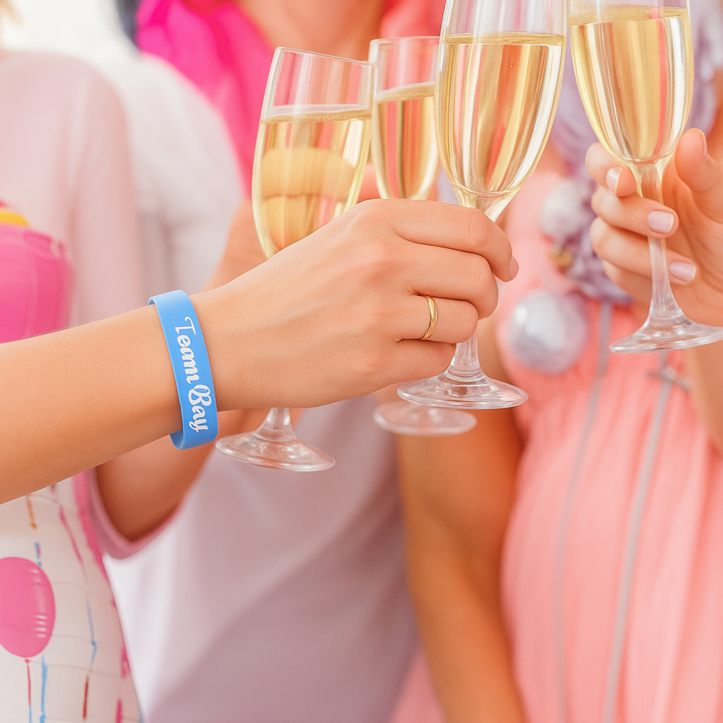 Guests clinking champagne glasses at a gender reveal party, with one wearing a blue Team Boy wristband celebrating the baby gender reveal announcement.