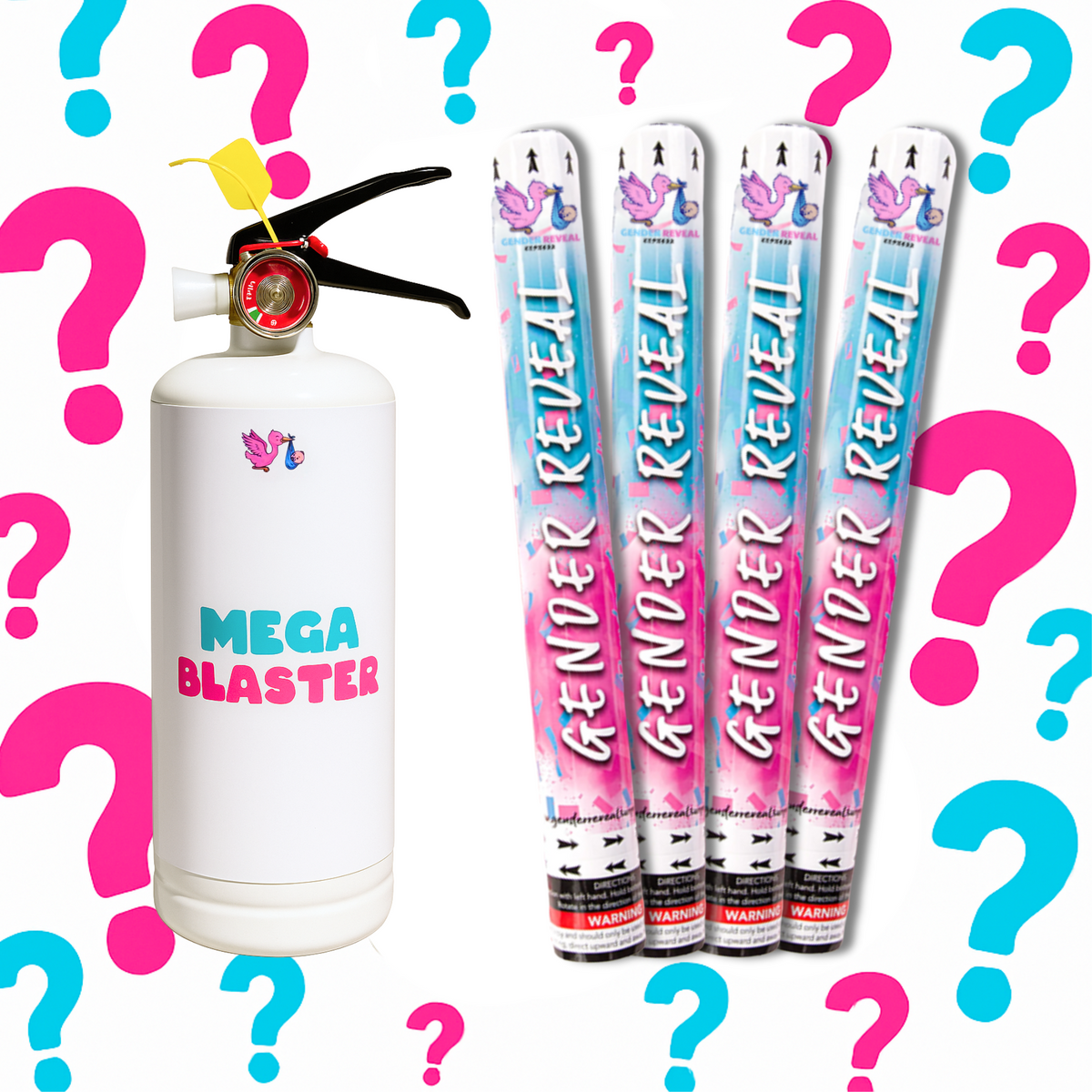 Surprise Gender Reveal Mega Family Extinguisher and Cannon Bundle, for gender reveal announcement party.