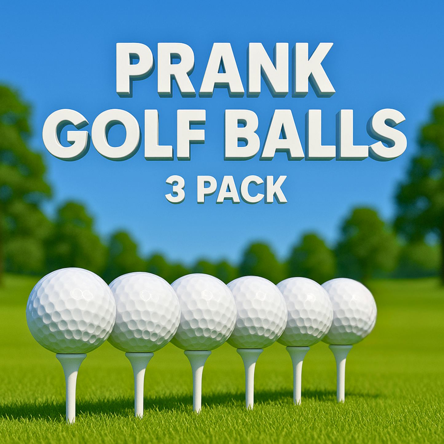 Six Prank golf balls on tees with 'Prank Golf Balls 3 Pack' text against a golf course background.