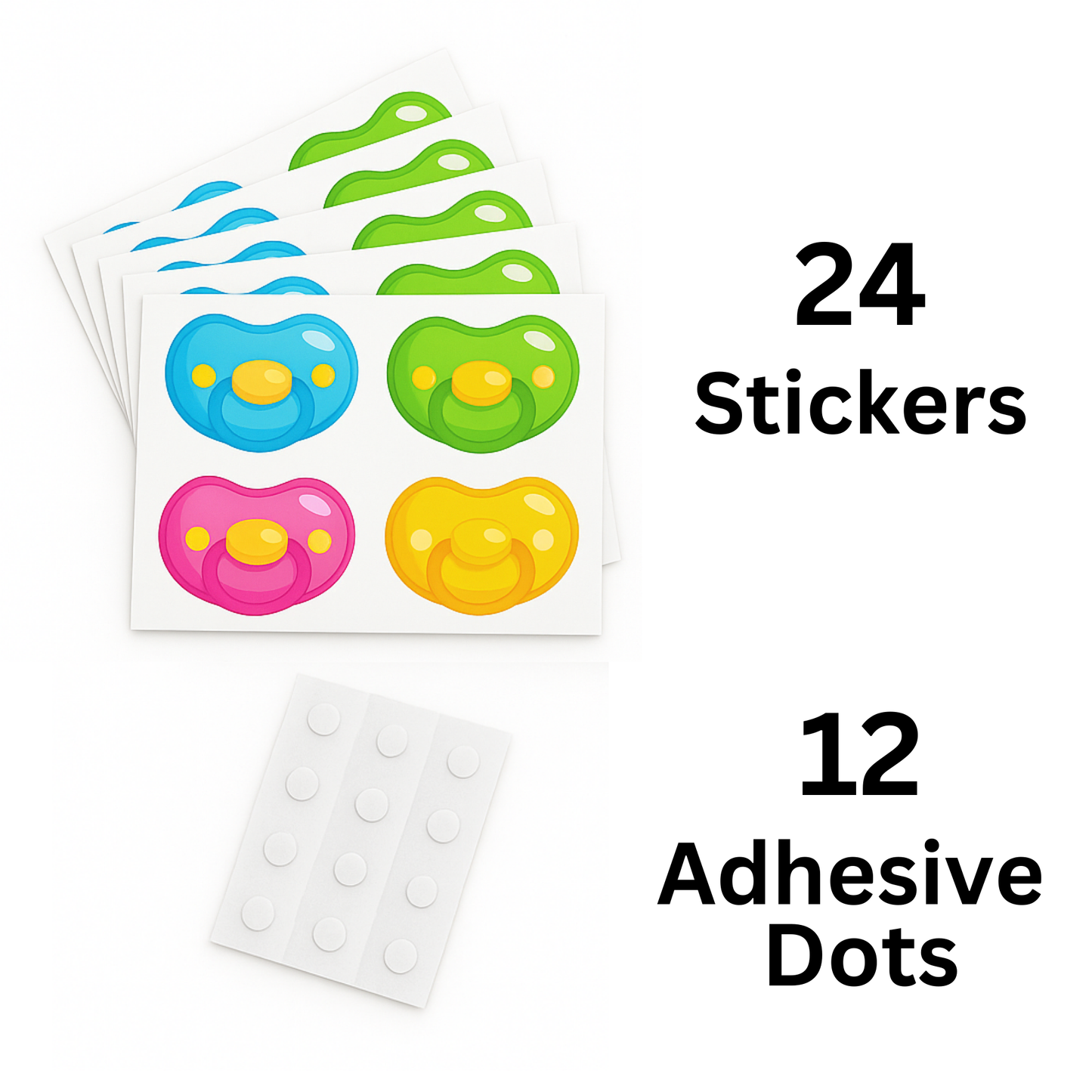 Close-up of Gender Reveal Pin The Dummy Game with 24 pacifier stickers and 12 adhesive dots on white background.