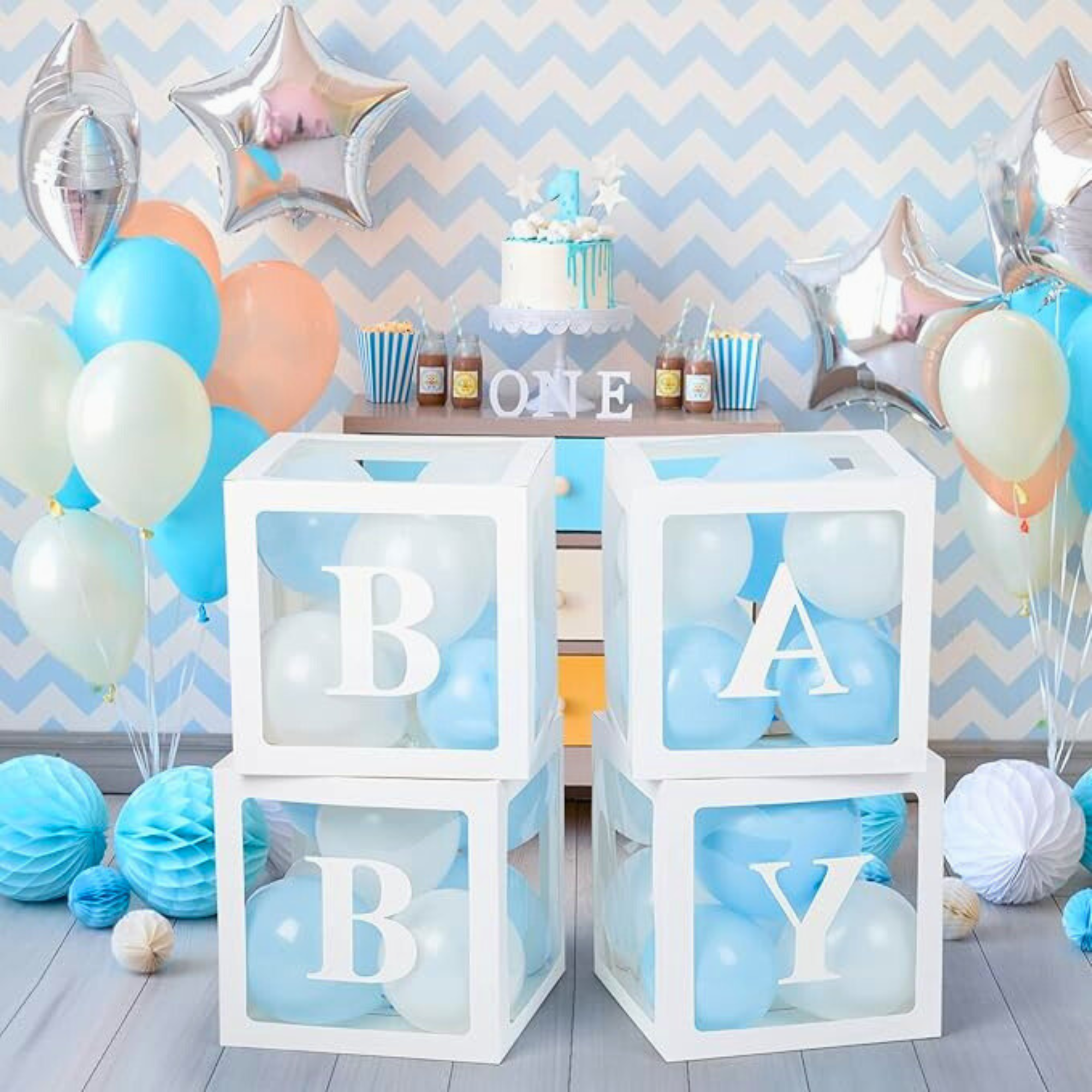 Baby Box Set With Blue and White Balloons for baby shower and gender reveal decorations