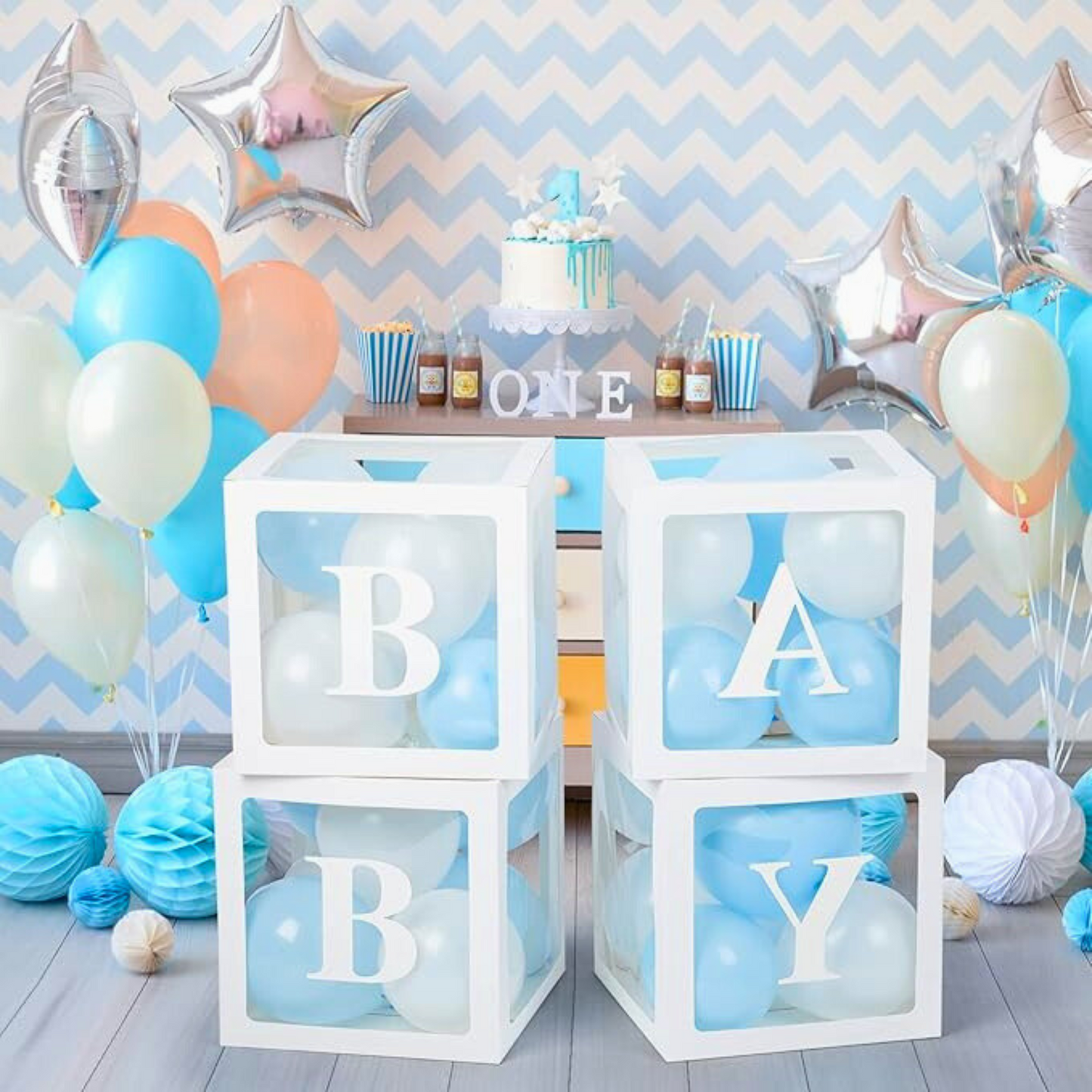 Baby Box Set With Blue and White Balloons for baby shower and gender reveal decorations