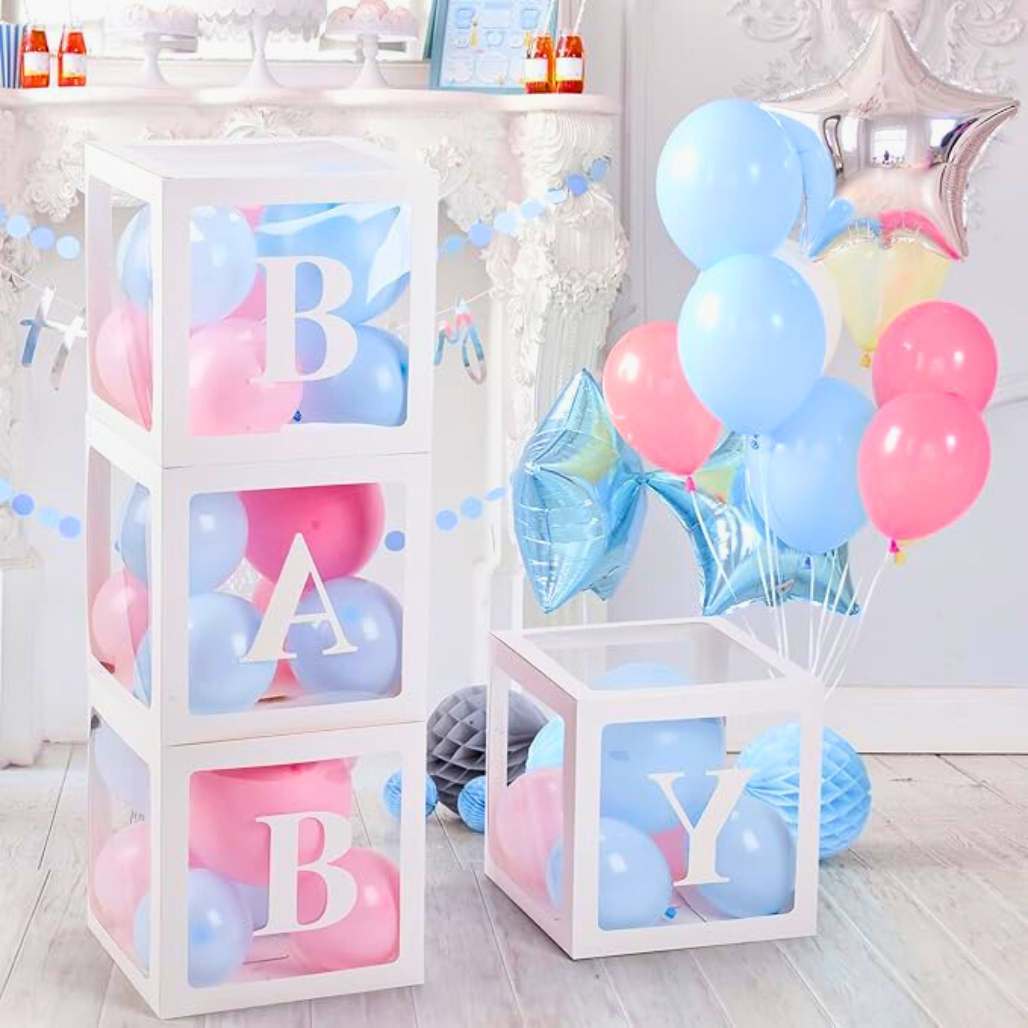 Baby Box Set With Blue and Pink Balloons for baby shower and gender reveal decorations