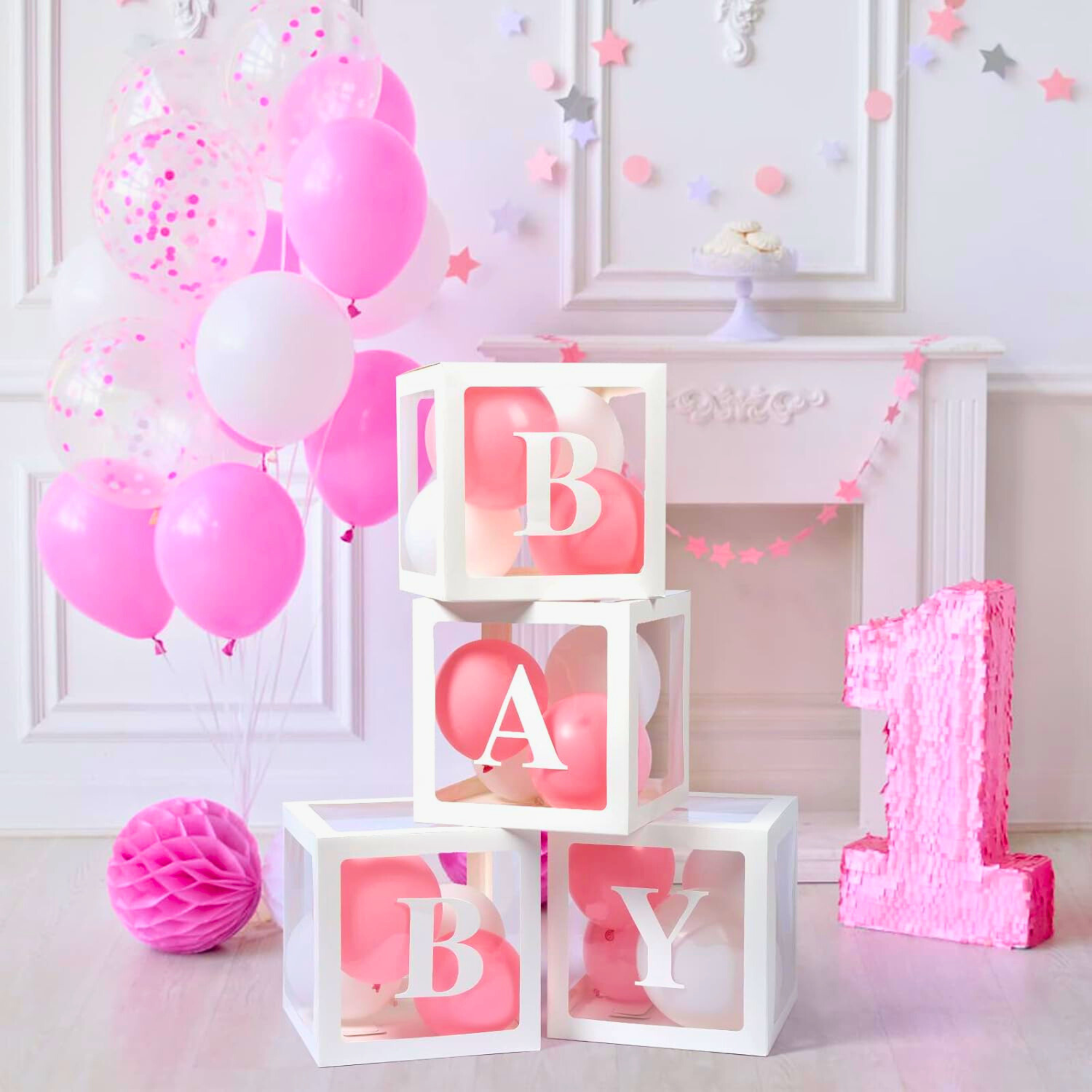 Baby Box Set With Pink and White Balloons for baby shower and gender reveal decorations