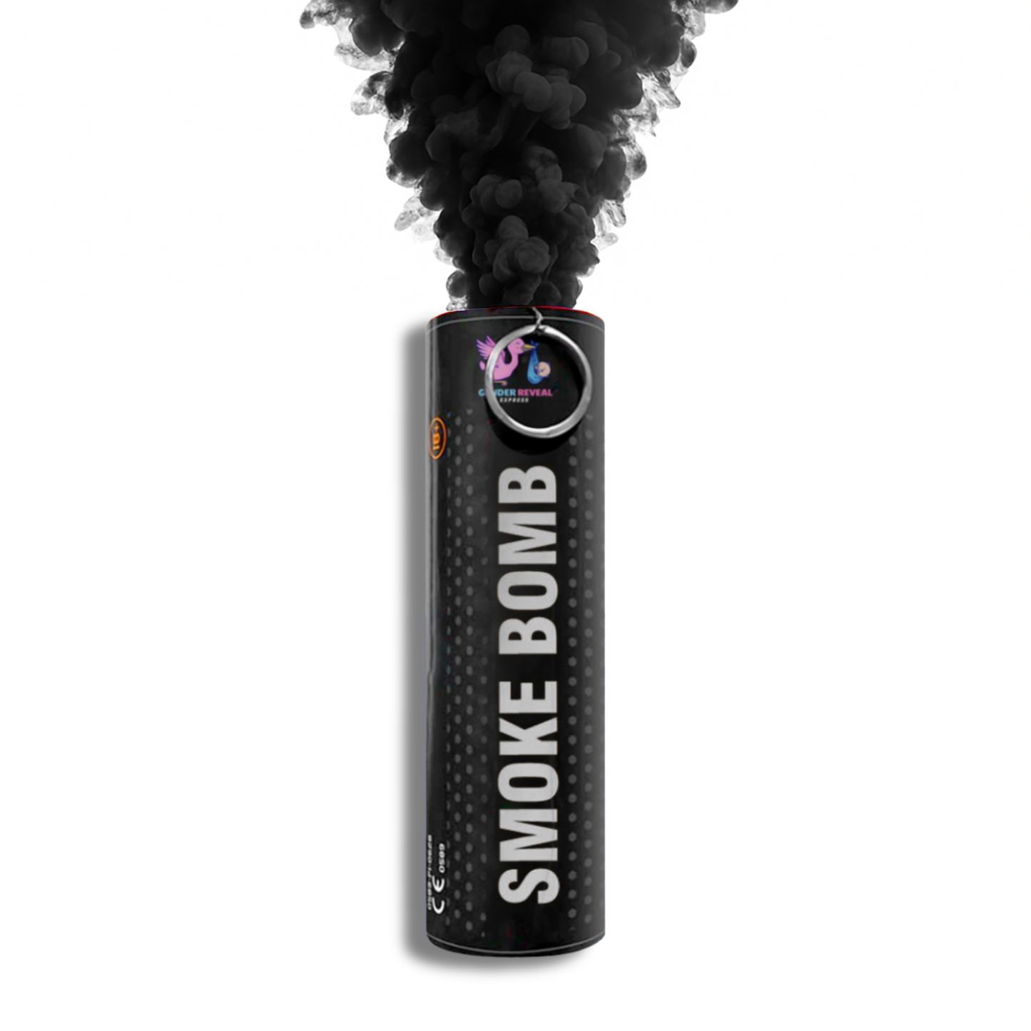 Black smoke bomb emitter releasing vibrant smoke for photography, gender reveals, parties, sports events and creative effects