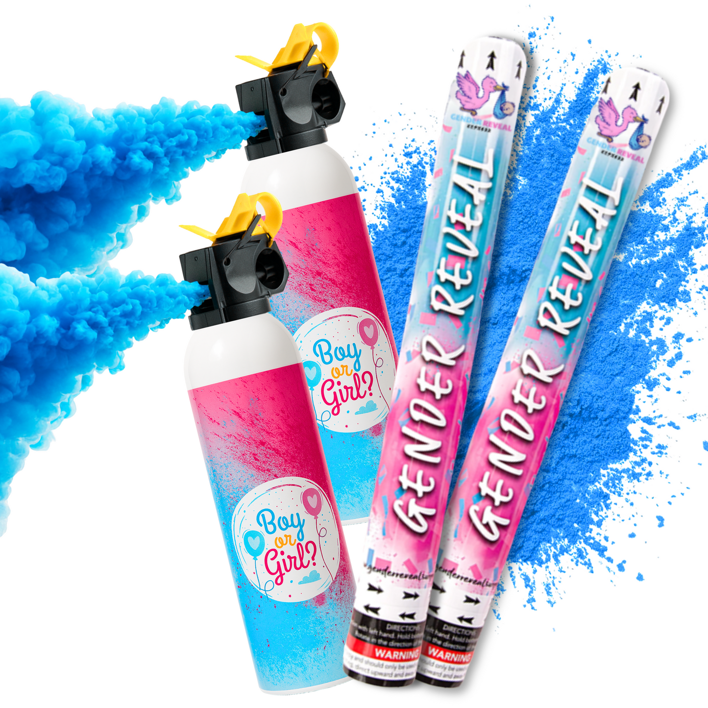 Blue gender reveal Cannons and blasters with blue smoke for baby boy Gender Reveal Party.