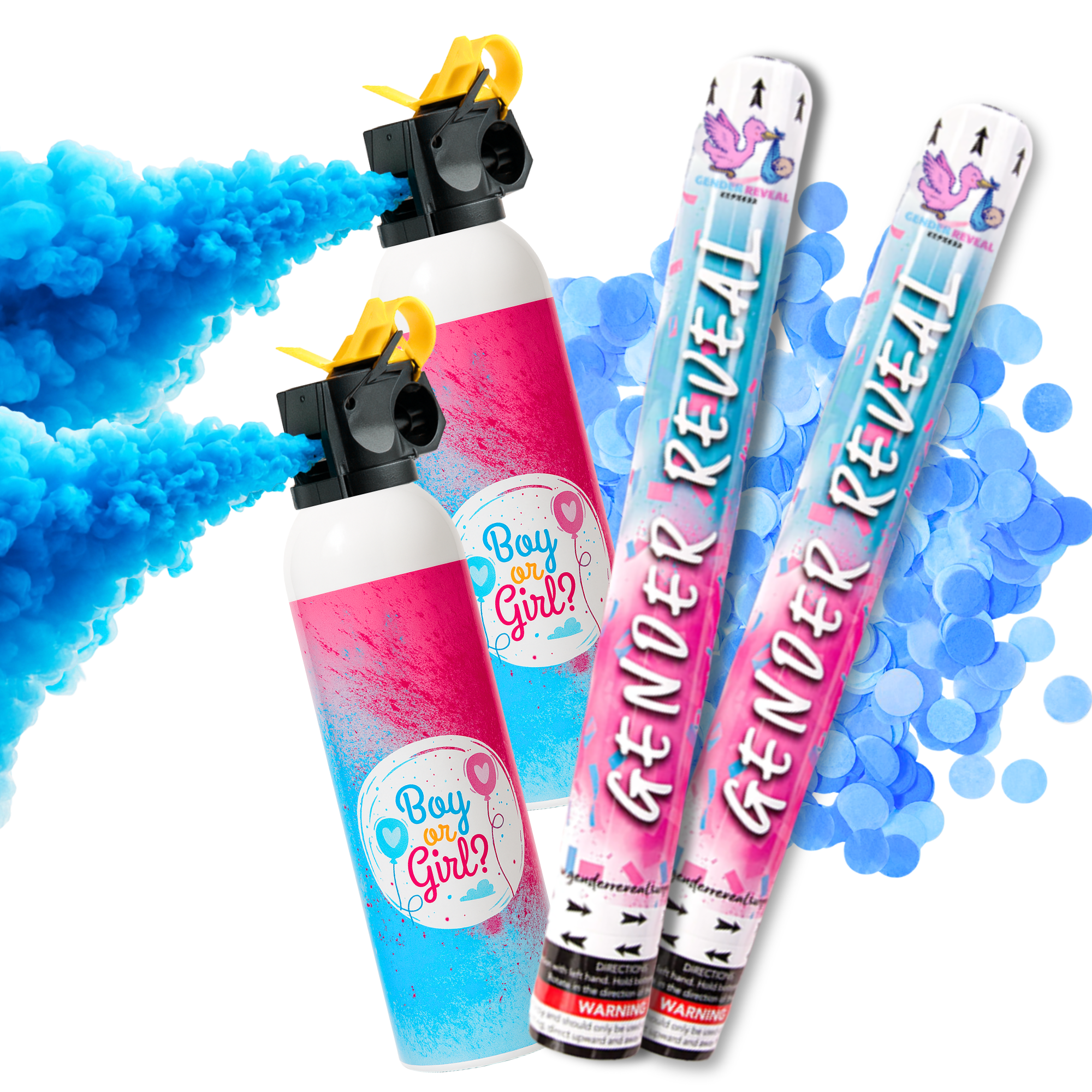 Blue gender reveal Confetti Cannons and blasters with blue smoke for baby boy Gender Reveal Party.