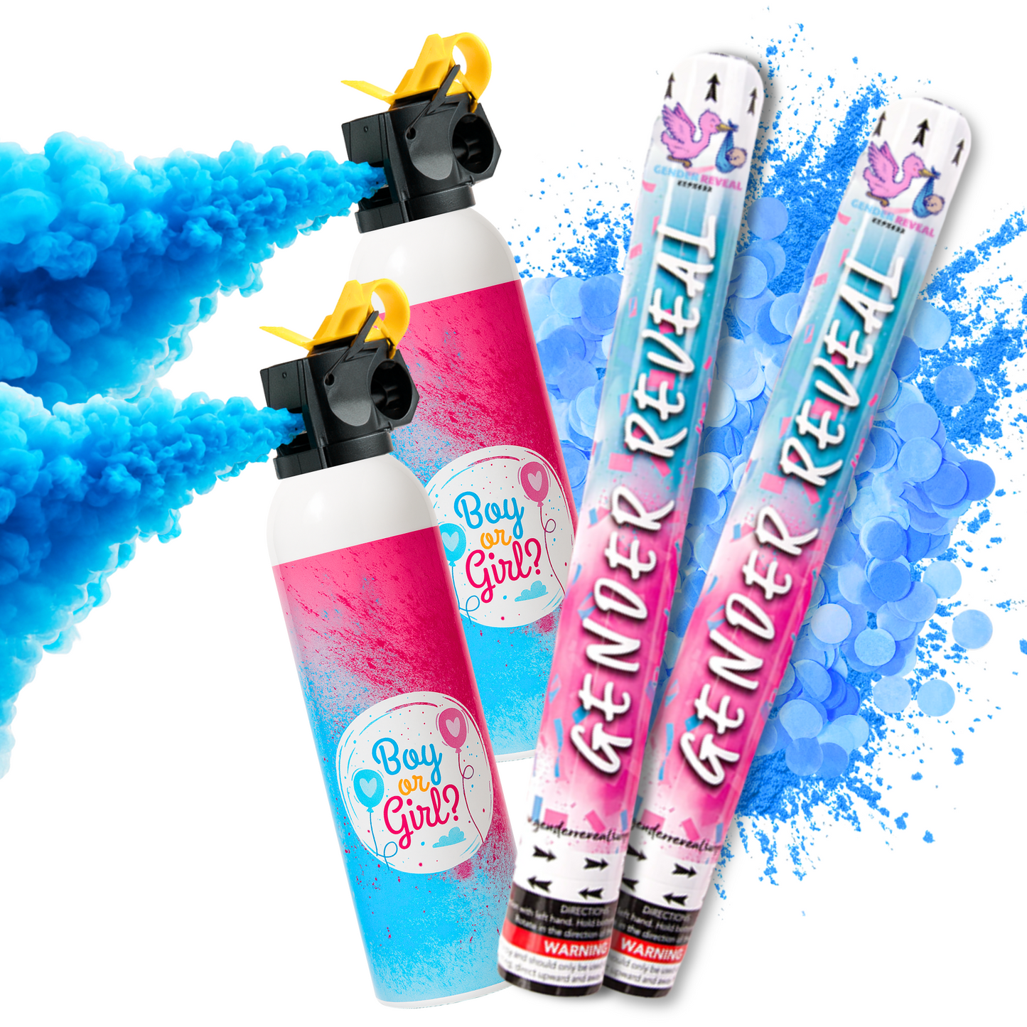 Blue gender reveal Confetti and Powder Cannons and blasters with blue smoke for baby boy Gender Reveal Party.