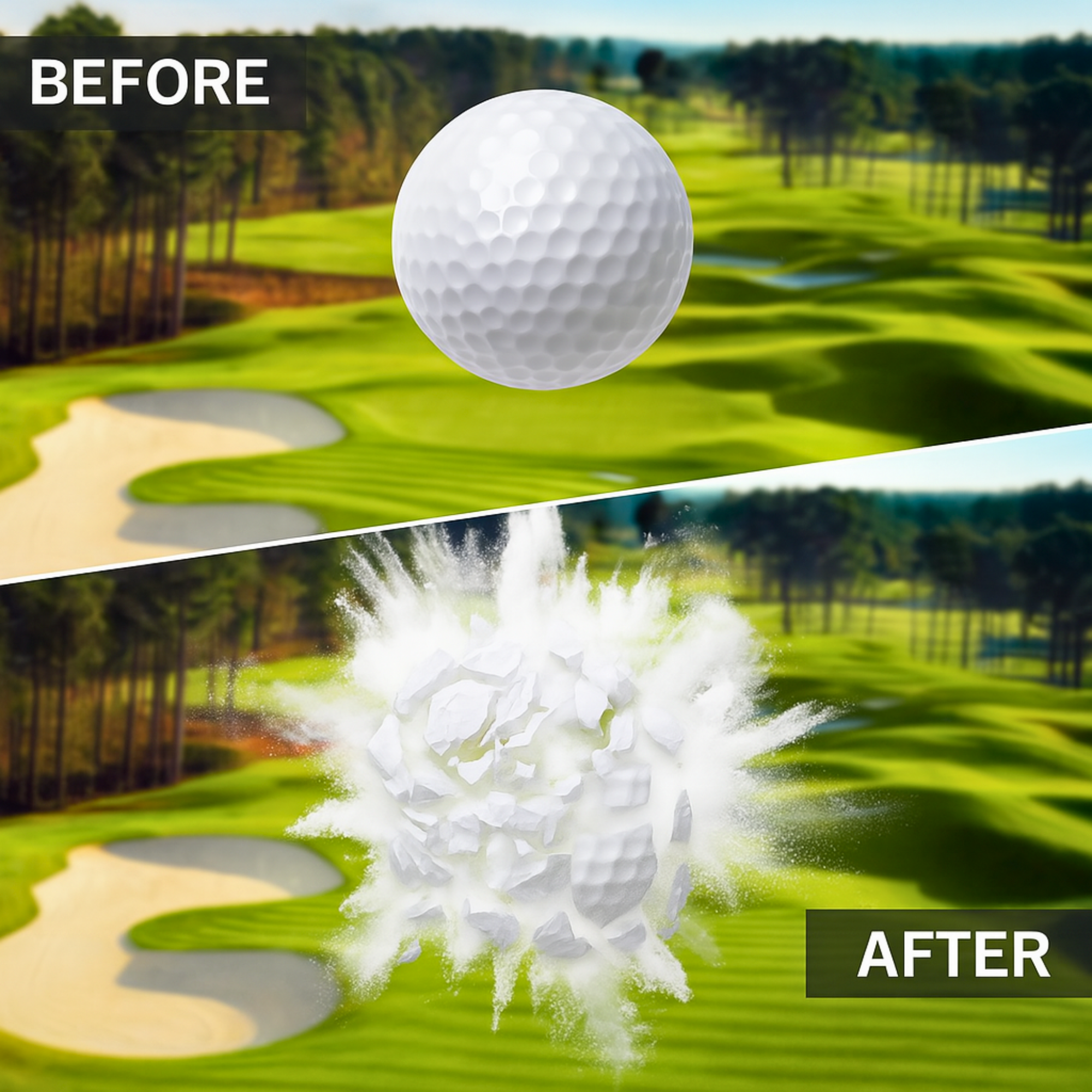Explosion Prank Golf Ball Before and After White Powder Explosion