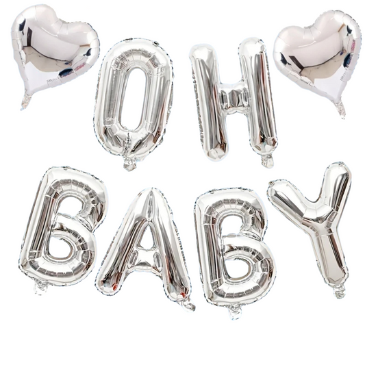 Gender Reveal "OH BABY" Silver Foil Balloon Set