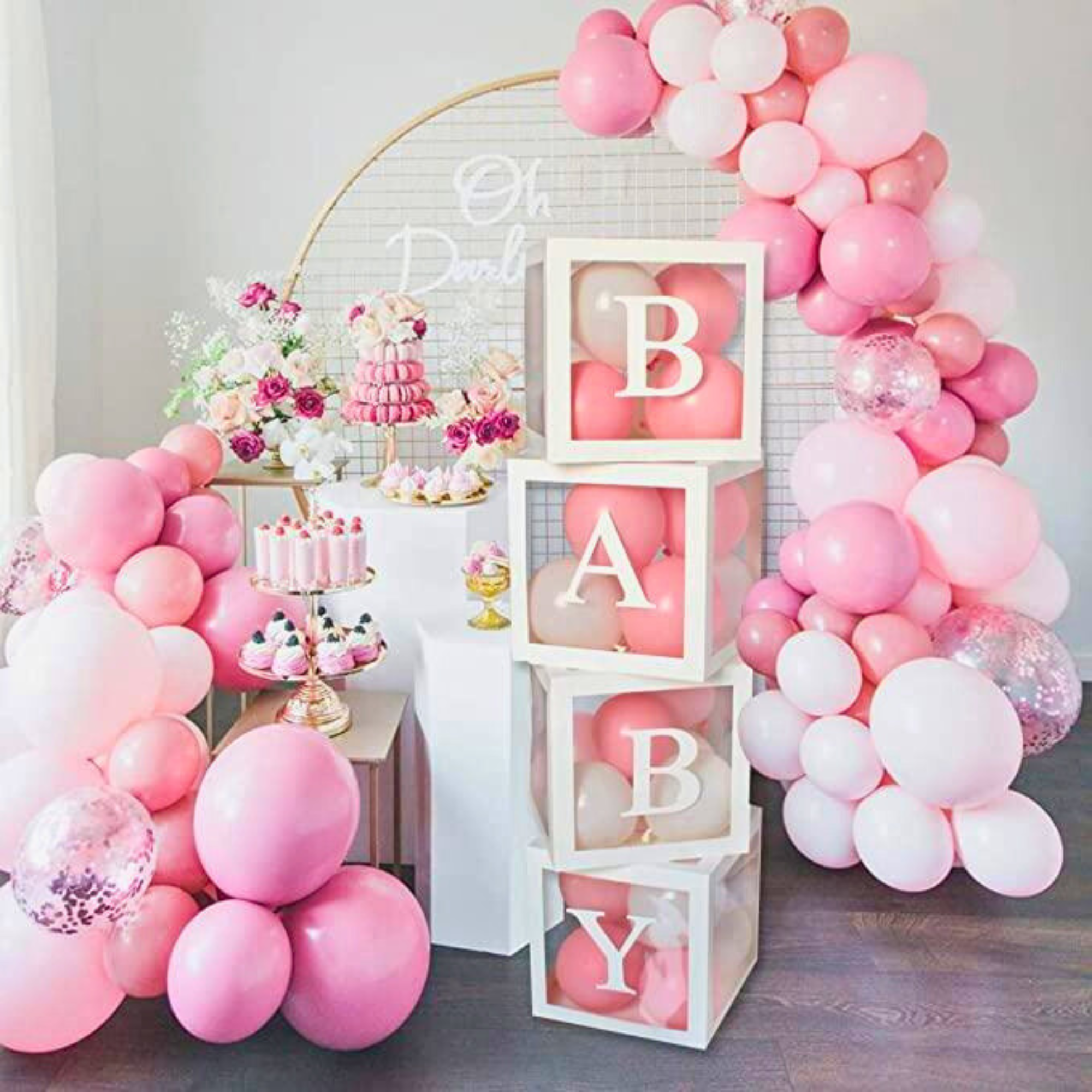 Gender Reveal Baby Box Balloon Set with pink and white balloons
