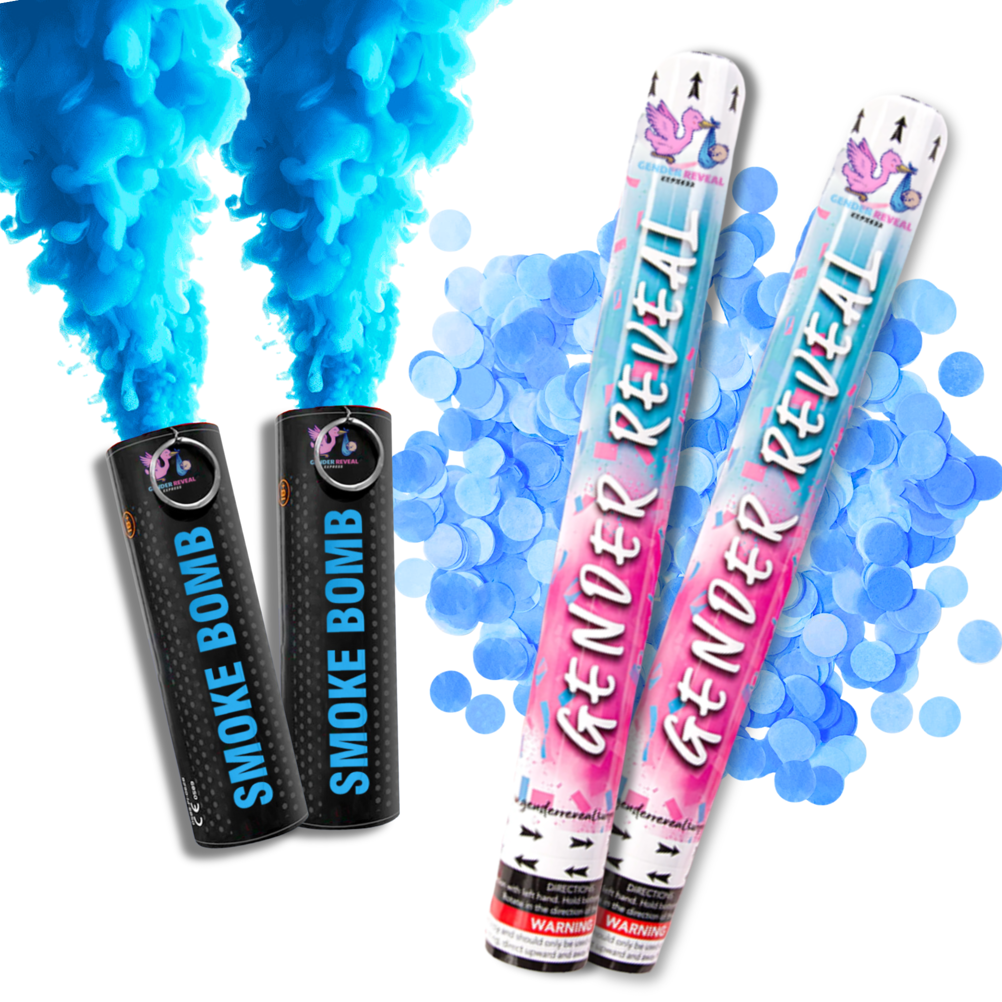 Gender Reveal Blue Confetti Cannon and Smoke Bomb Bundle for Gender Reveal Party