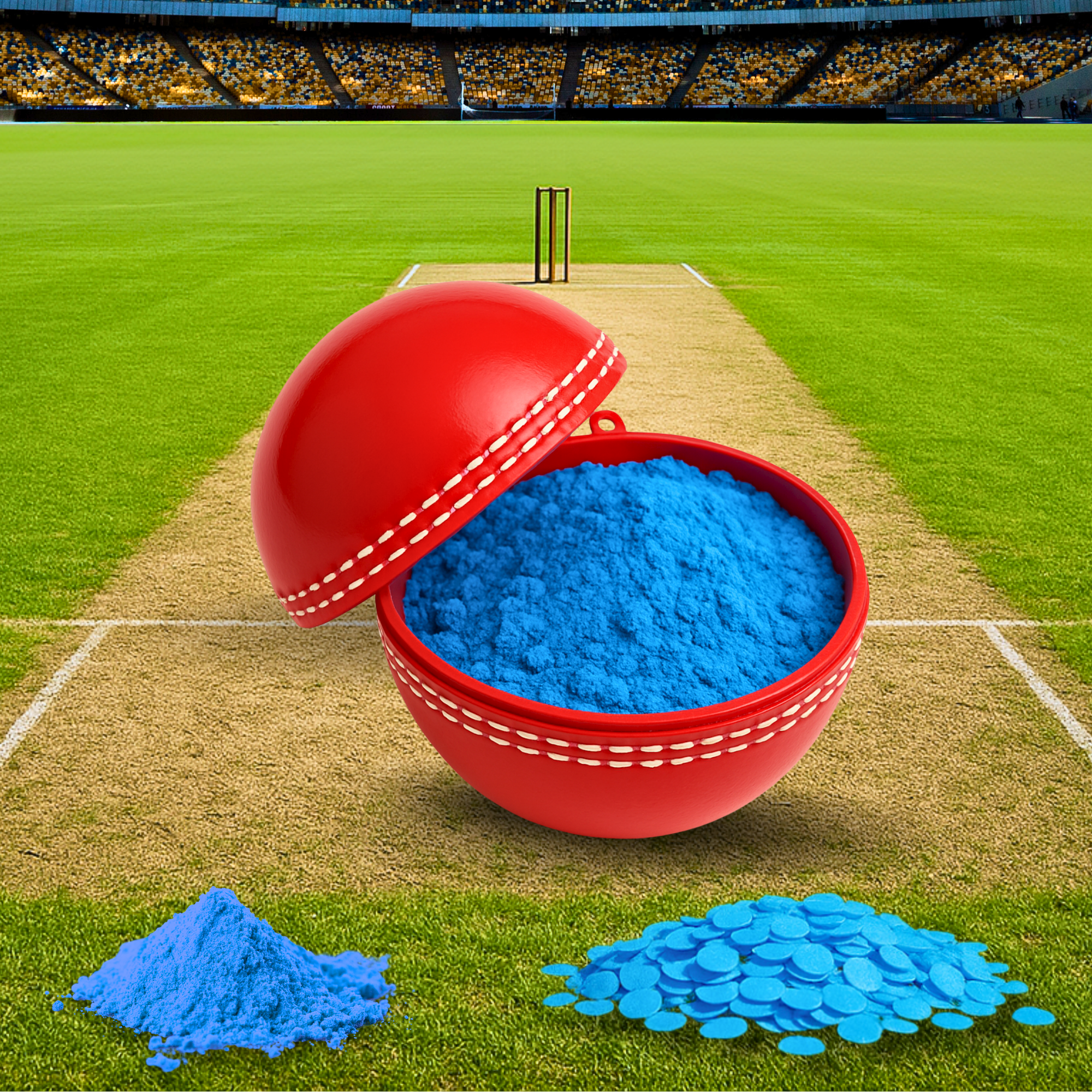 Gender Reveal Blue Cricket Ball With Blue  Powder and Confetti for Baby Boy Gender Reveal Party.