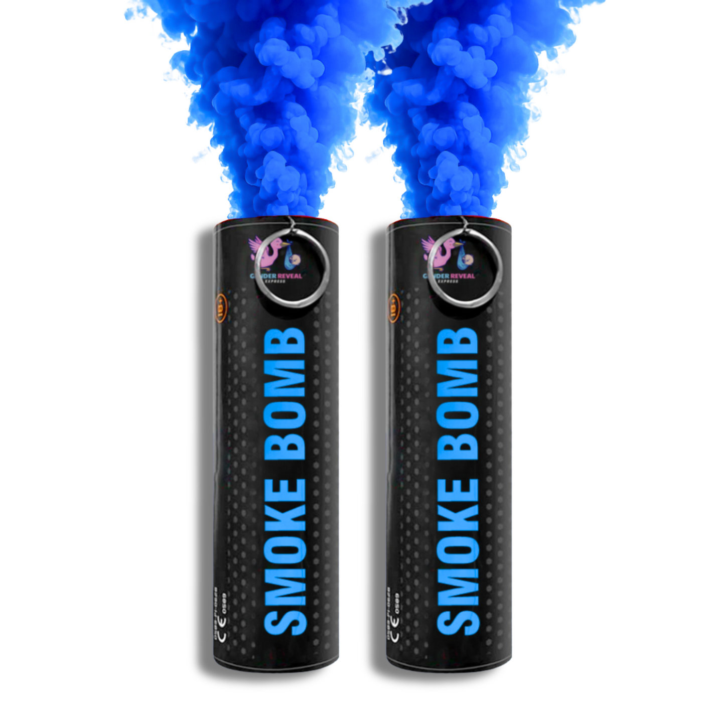 Blue gender reveal smoke bomb emitter 2 pack, releasing bright smoke for baby boy announcements, photography, parties and creative events