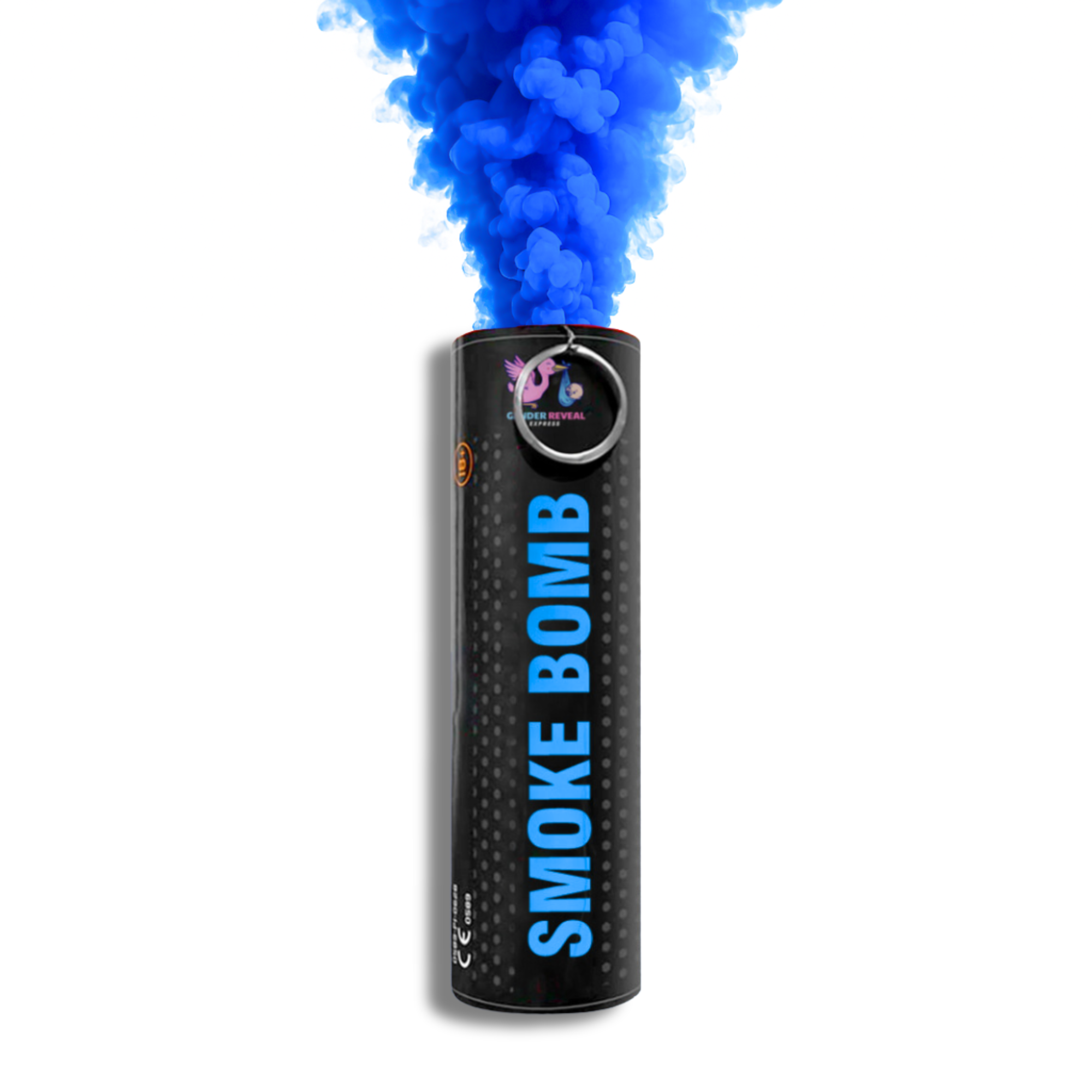 Blue gender reveal smoke bomb emitter releasing vibrant smoke for baby boy announcements, photography, parties and creative events