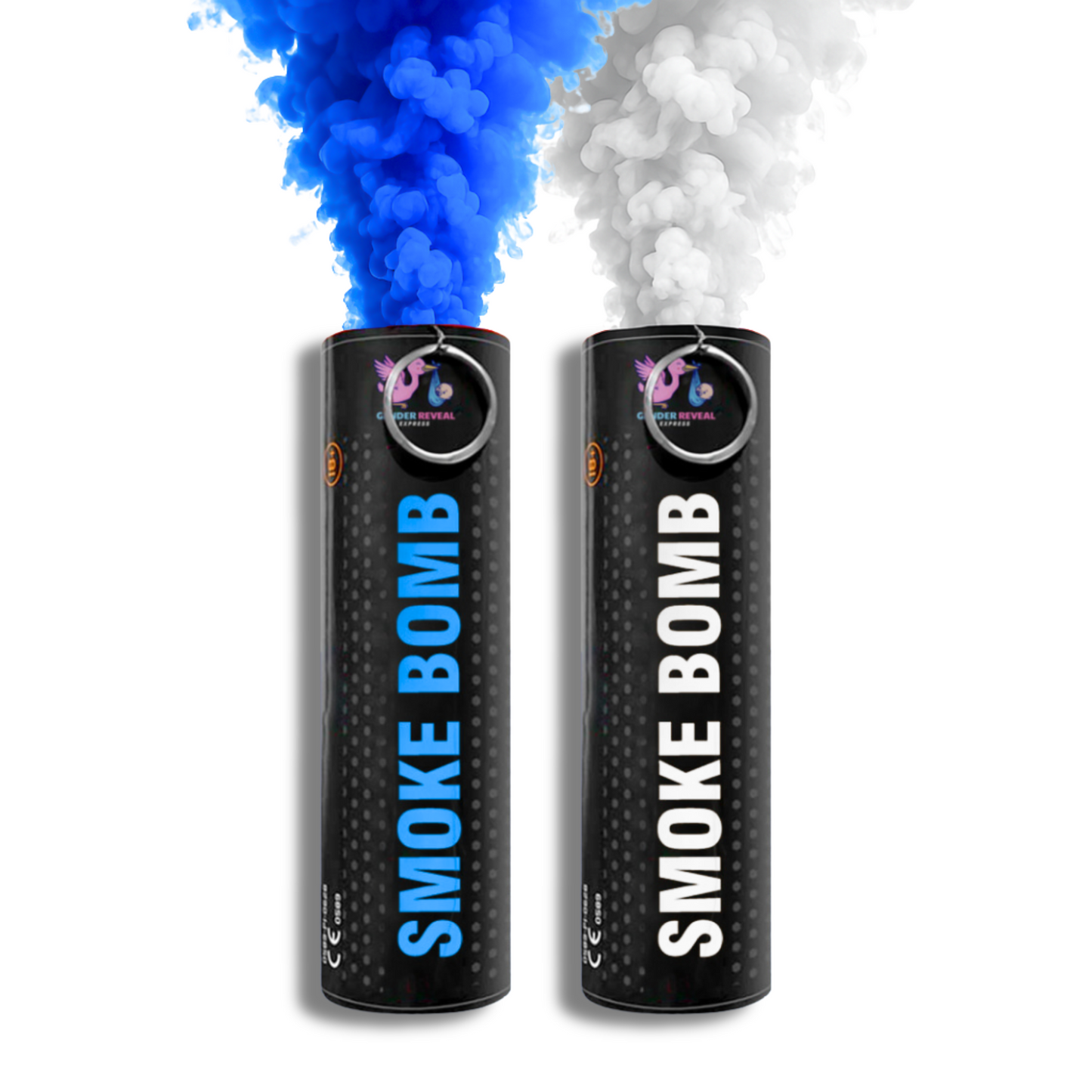 gender reveal Blue and White/Prank smoke bomb emitter 2 pack, releasing bright blue smoke for baby boy and white smoke for prank reveal.