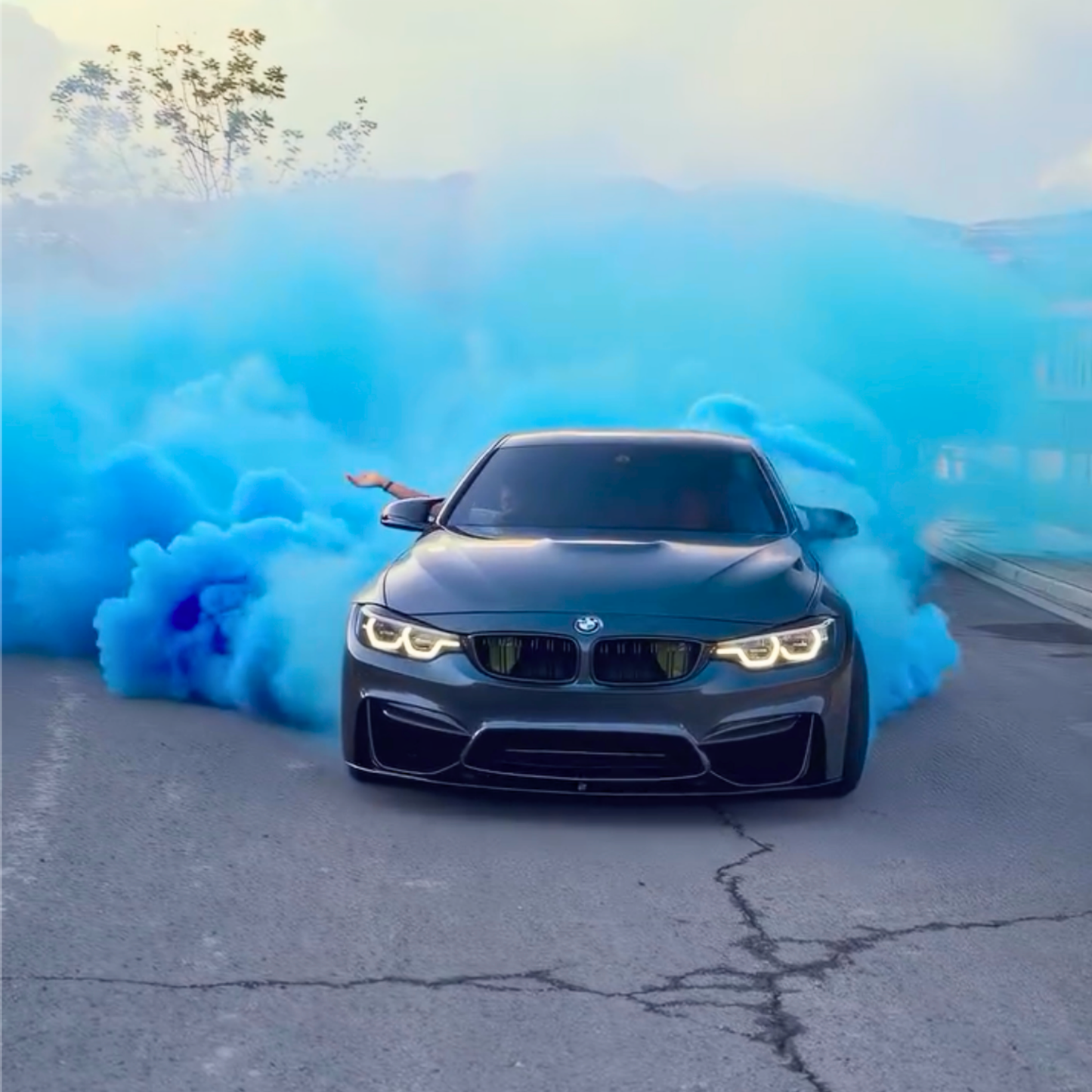 Gender Reveal Blue Burnout Tyre with Blue Smoke for gender reveal boy party.