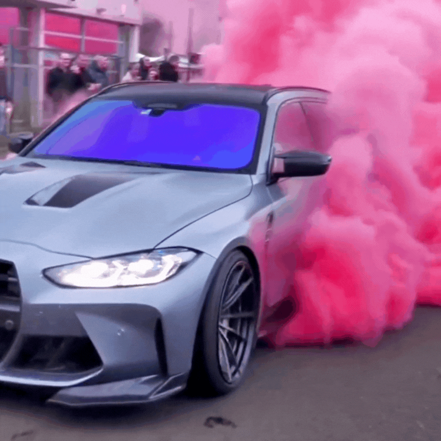 Gender Reveal Burnout Pink Smoke With Car Tyre.