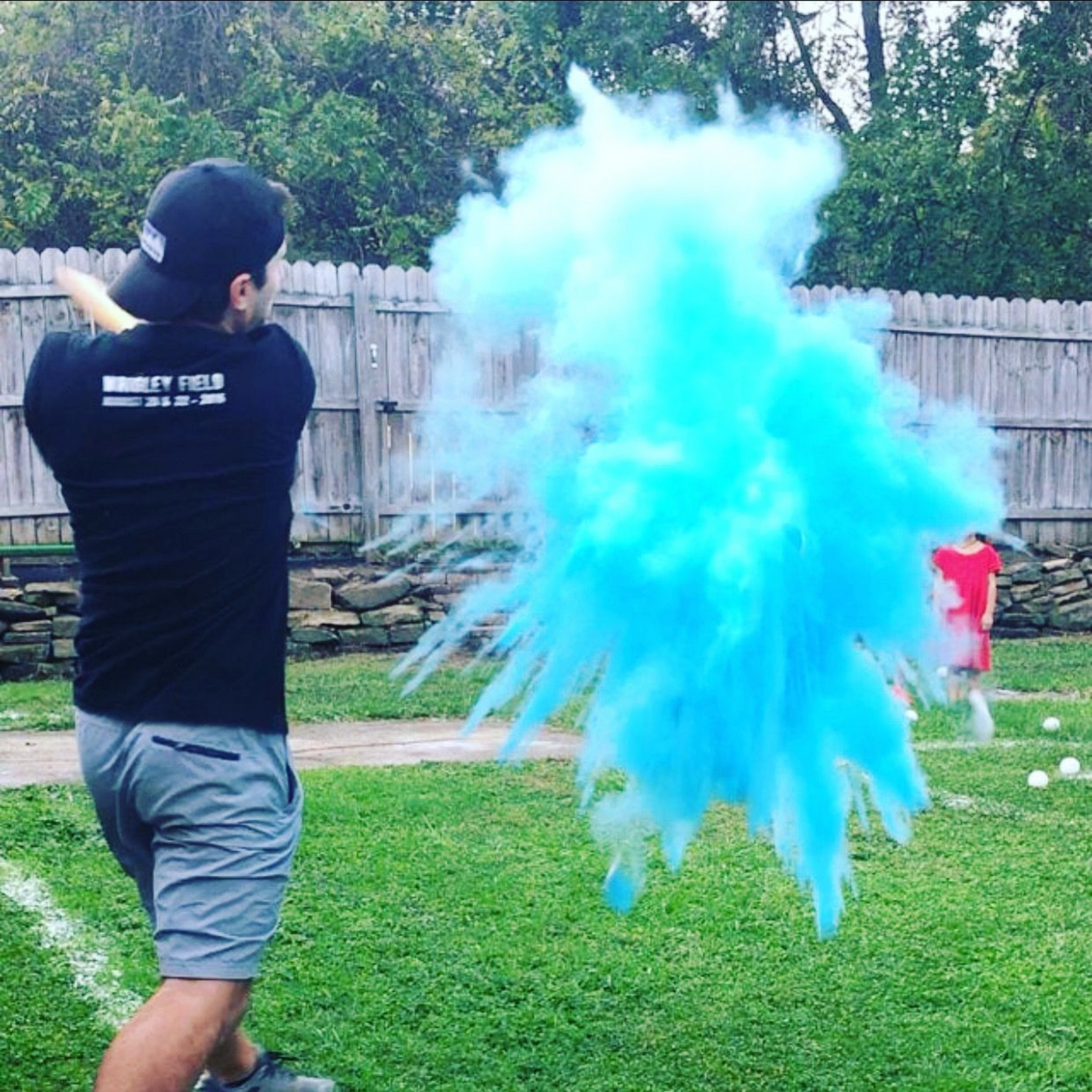 Blue Gender Reveal Cricket Ball Powder Explosion.