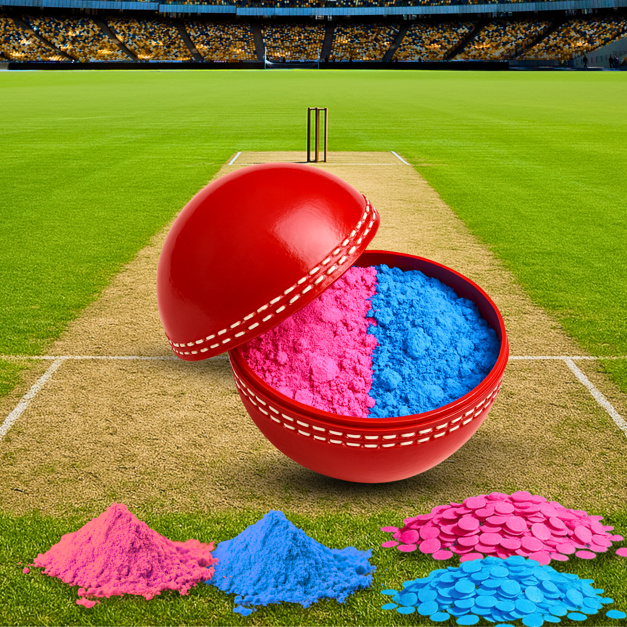 Gender Reveal Cricket Ball With Pink and Blue Powder and Confetti for Gender Reveal Party.