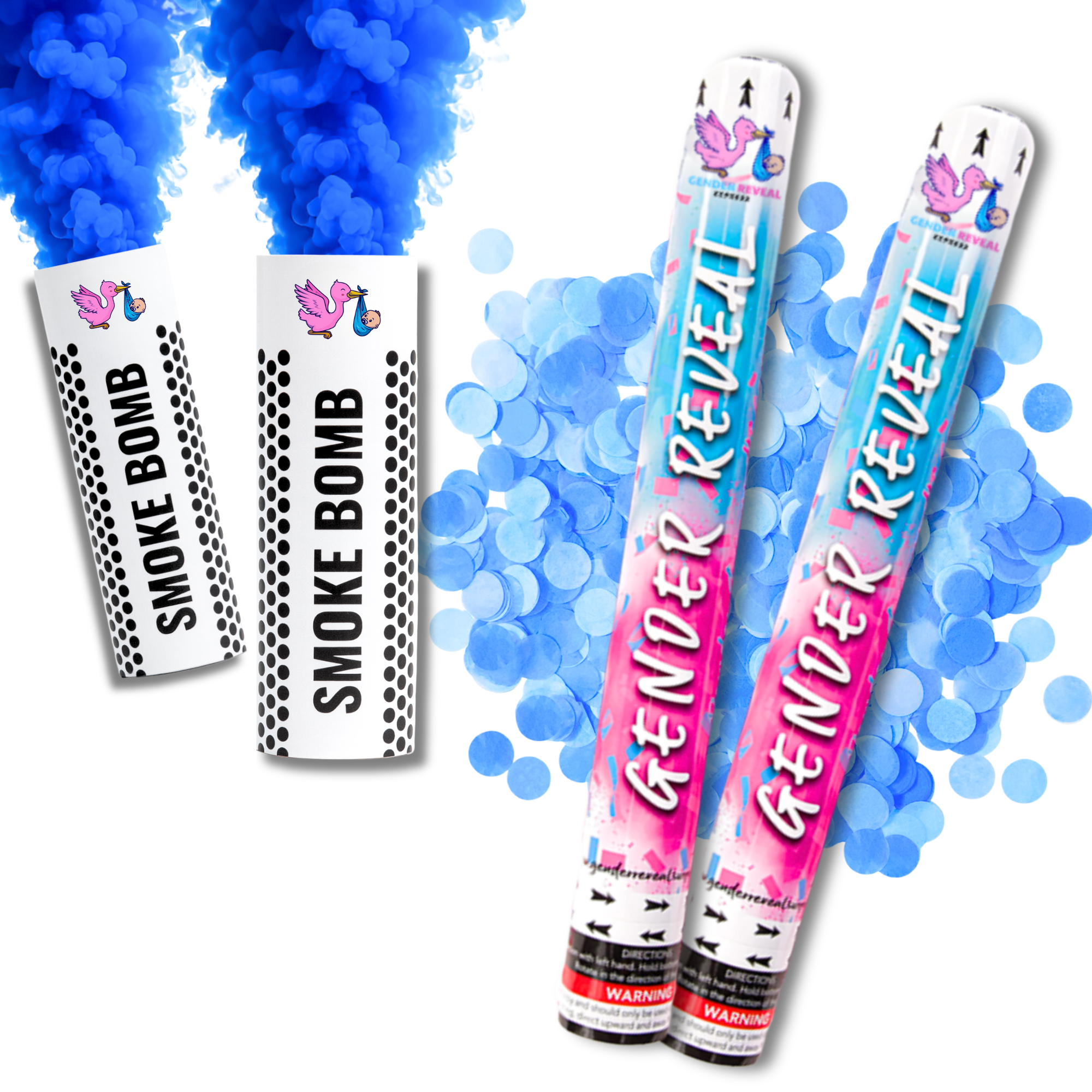 Gender Reveal Blue Confetti Cannon and Smoke Bomb Bundle for Gender Reveal Boy Announcement Party.
