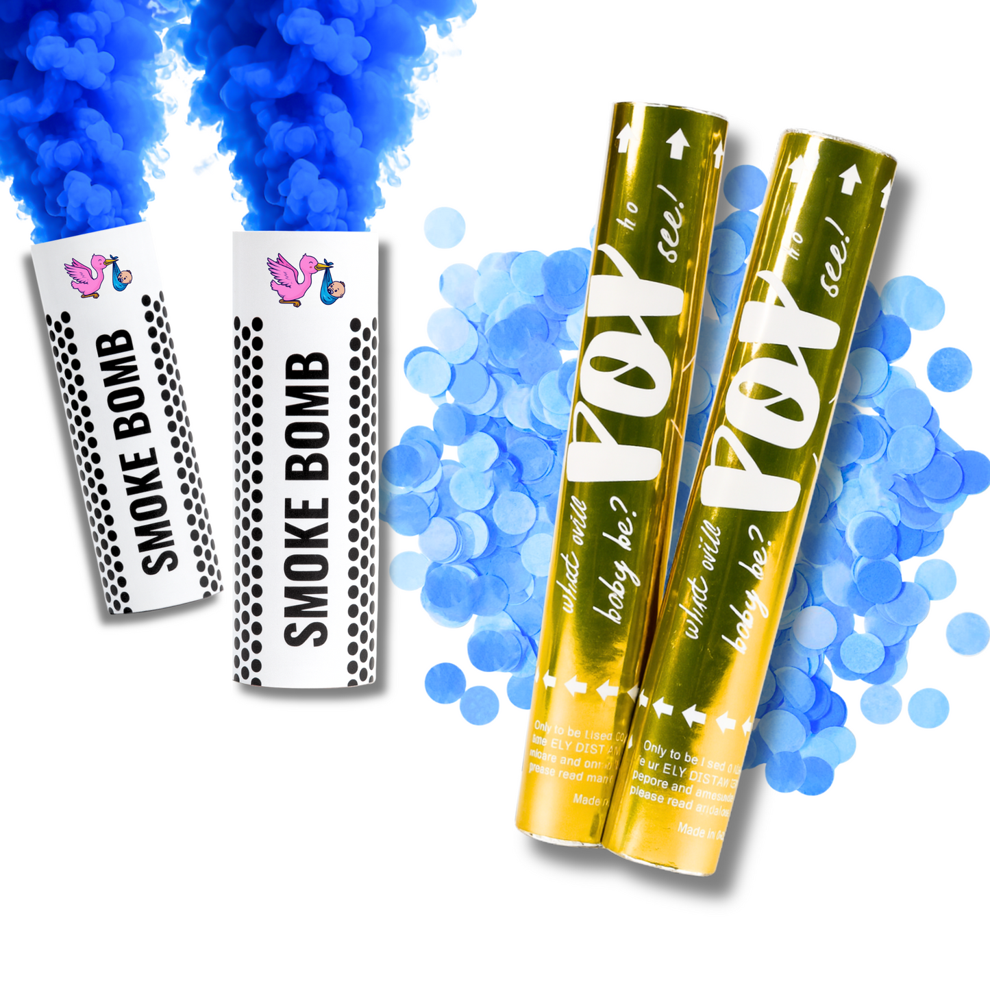 Gender Reveal Blue Luxury Confetti Cannon and Smoke Bomb Bundle for Boy Gender Reveal Party.