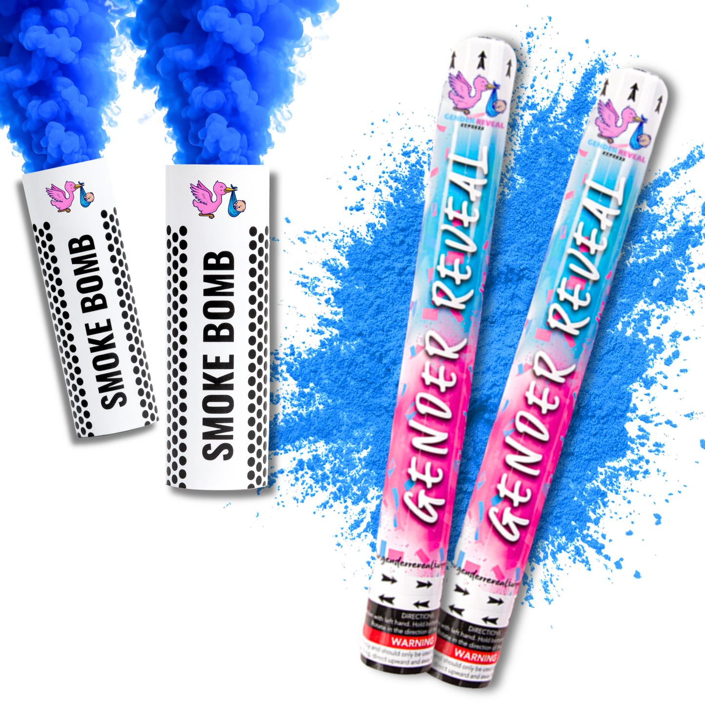 Gender Reveal Blue Powder Cannon and Smoke Bomb Bundle for Gender Reveal Boy Party.