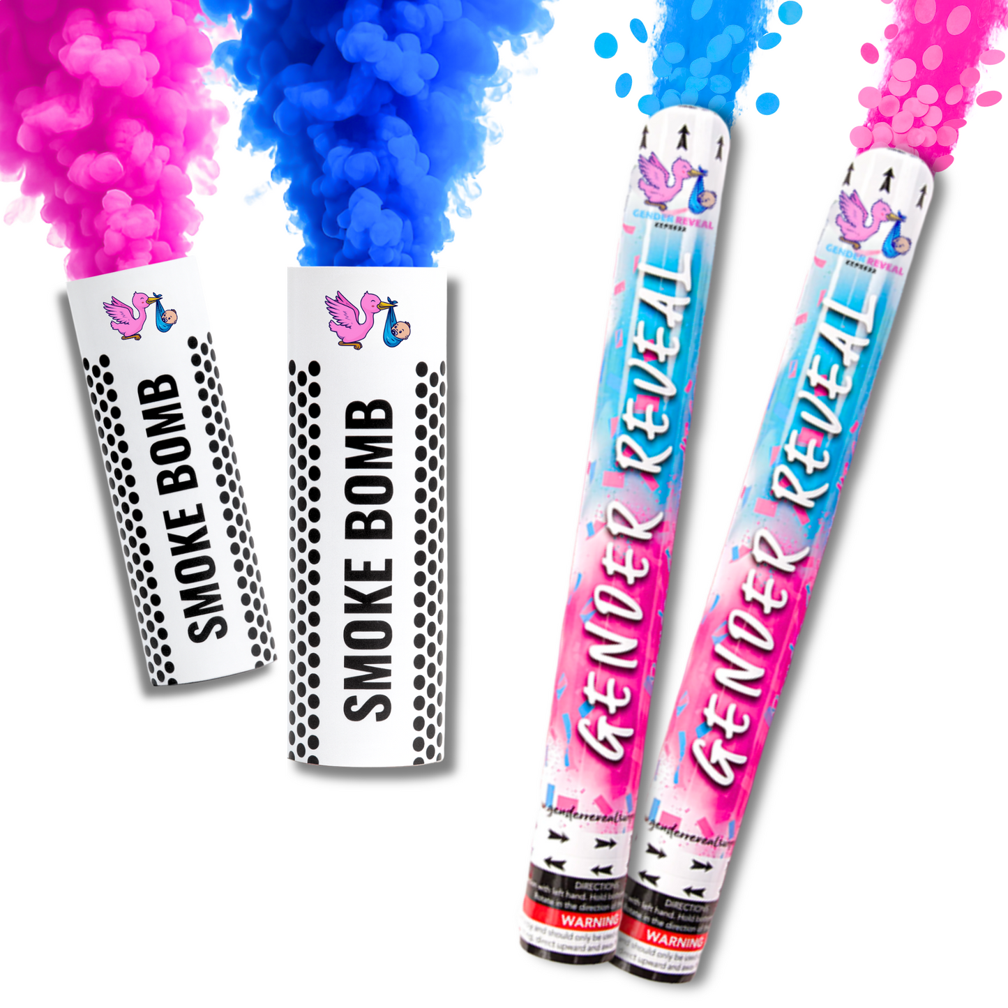 Gender reveal cannons and smoke bombs with pink and blue smoke for boy or girl announcements.