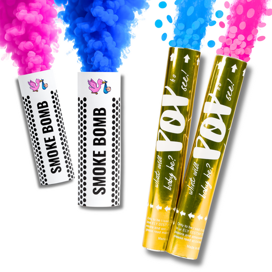 Gender reveal luxury cannons and smoke bombs with pink and blue smoke for boy or girl gender reveal party.