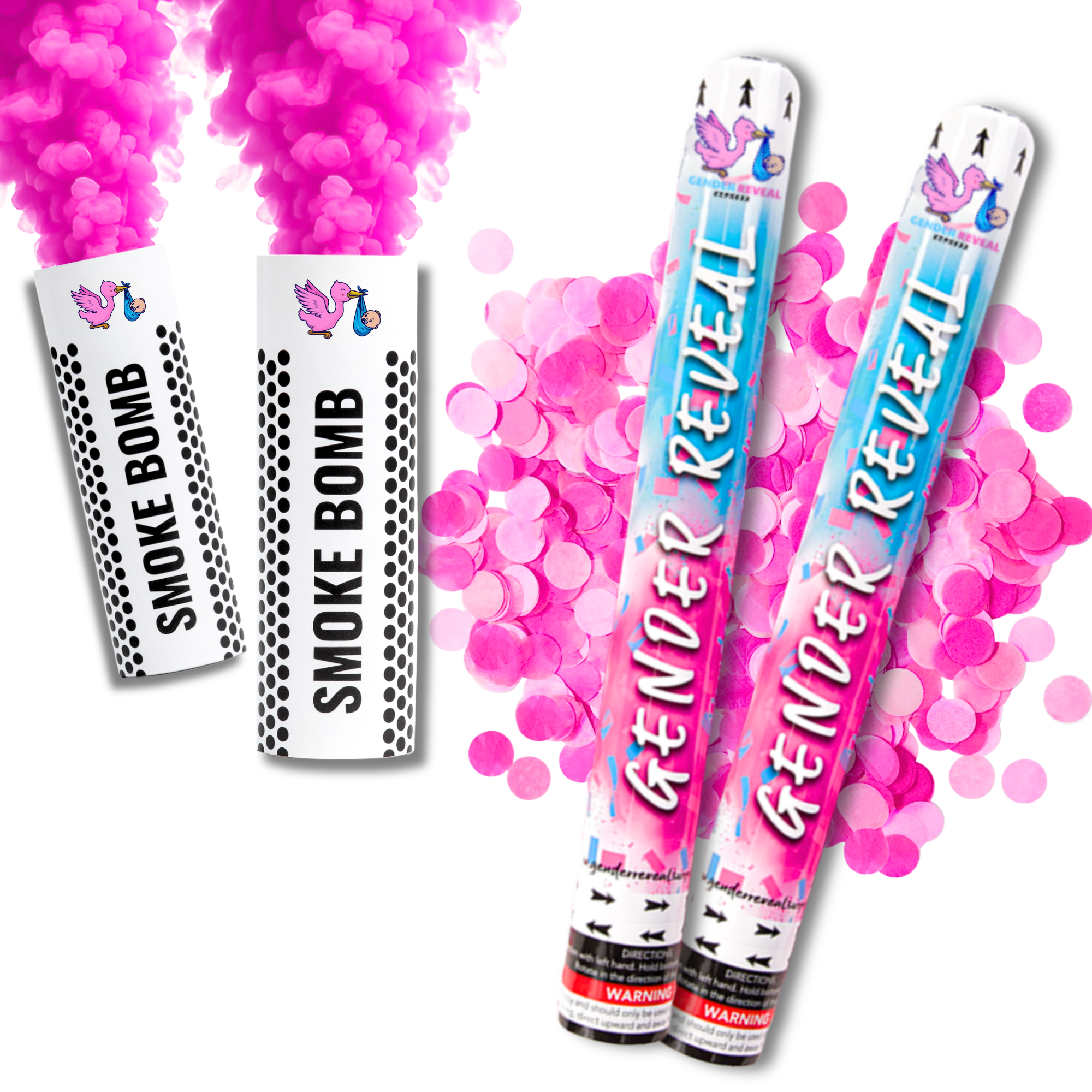 Gender Reveal Pink Confetti Cannon and Smoke Bomb Bundle for Gender Reveal Girl Announcement Party.