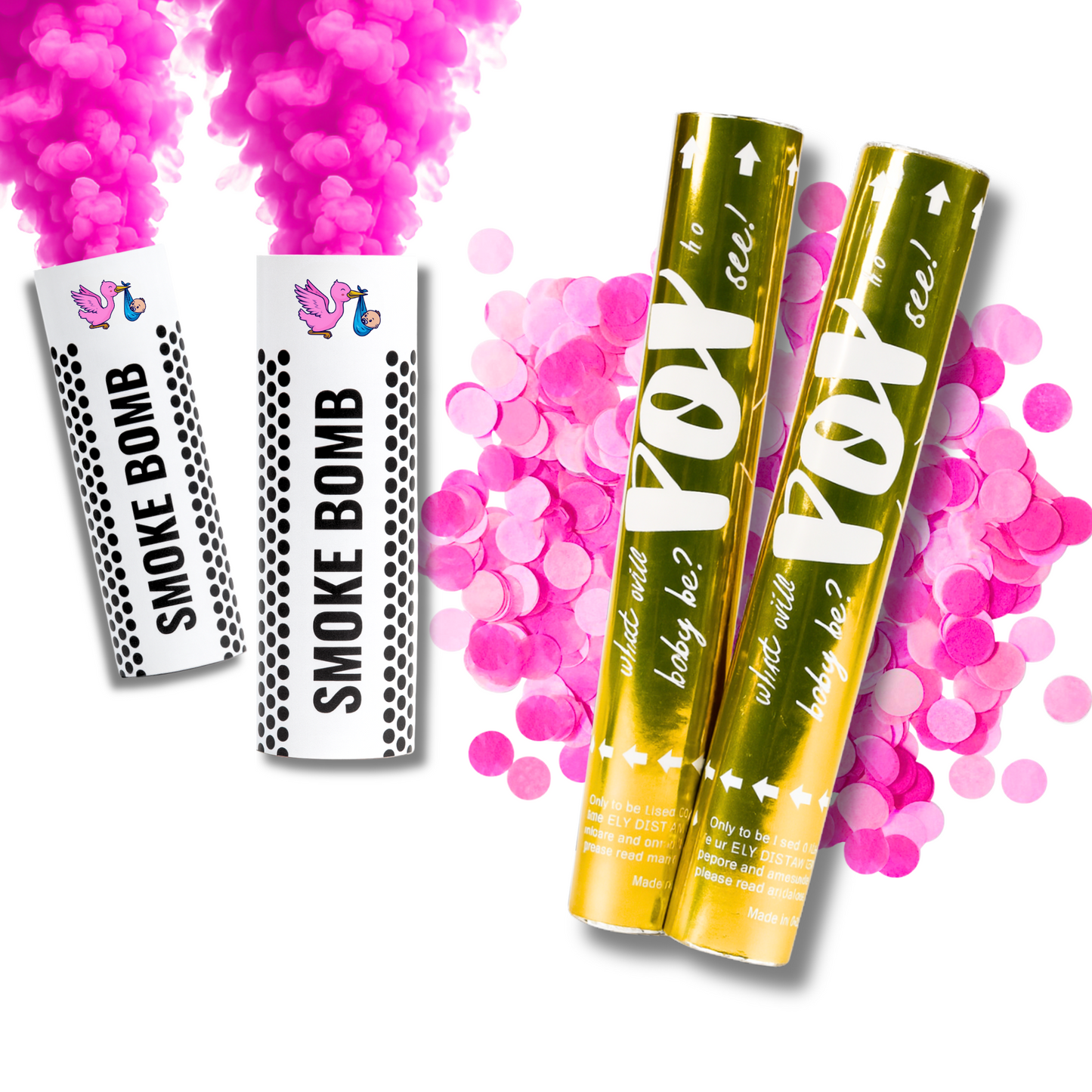 Gender Reveal Pink Luxury Confetti Cannon and Smoke Bomb Bundle for Girl Gender Reveal Party.