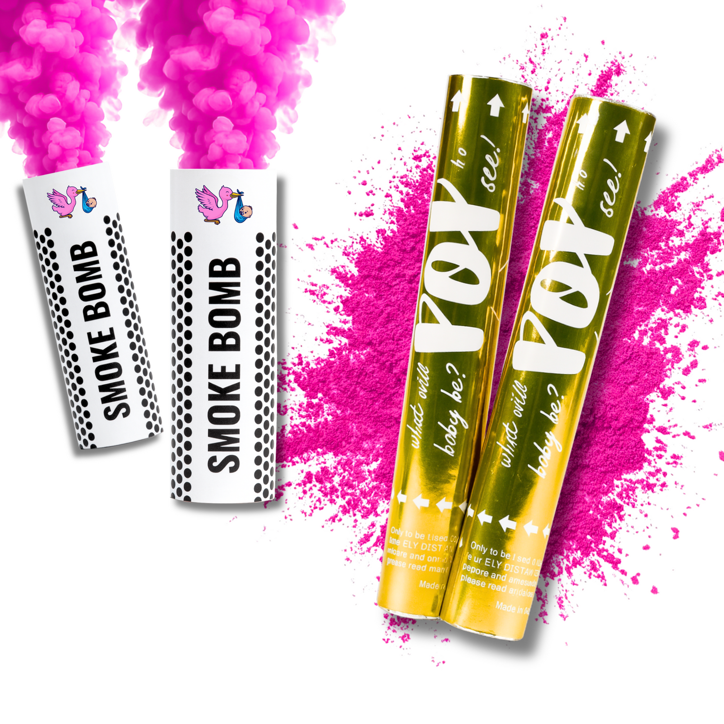 Gender Reveal Pink Luxury Powder Cannon and Smoke Bomb Bundle for Girl Gender Reveal Party.