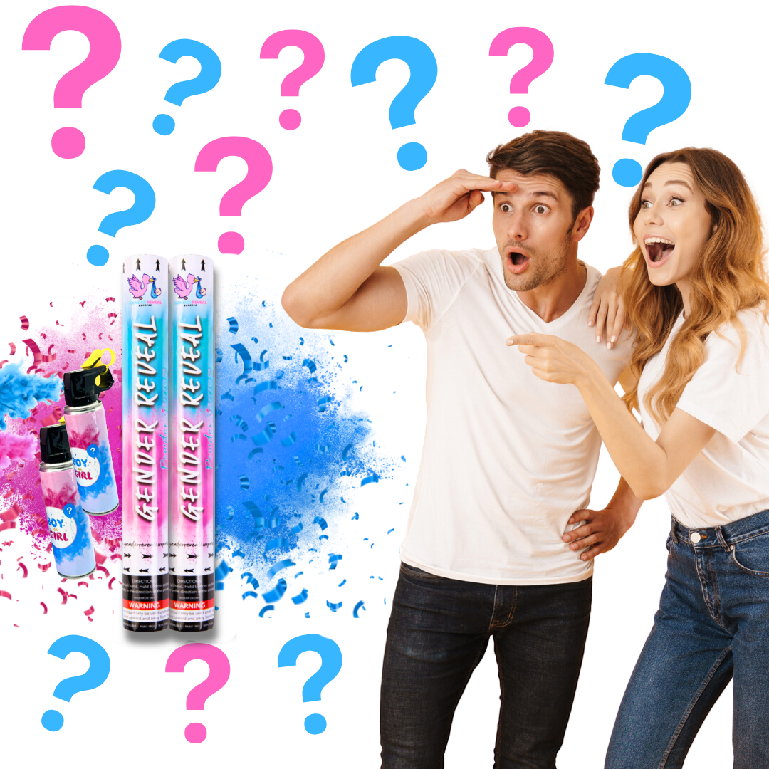 Surprised couple next to pink and blue gender reveal smoke blasters and cannons with question marks.