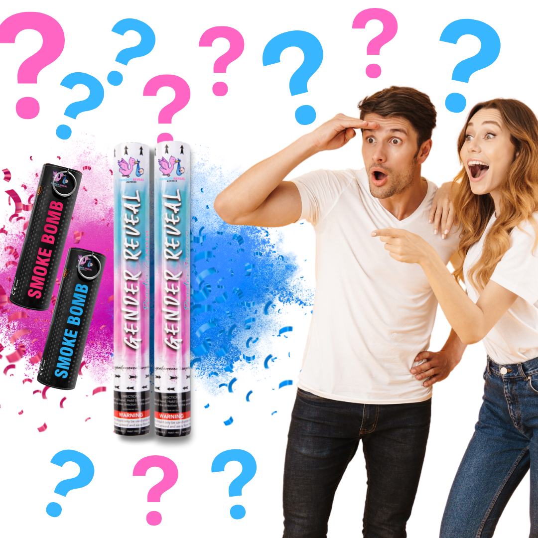 Surprised couple next to pink and blue gender reveal smoke bombs and cannons with question marks.