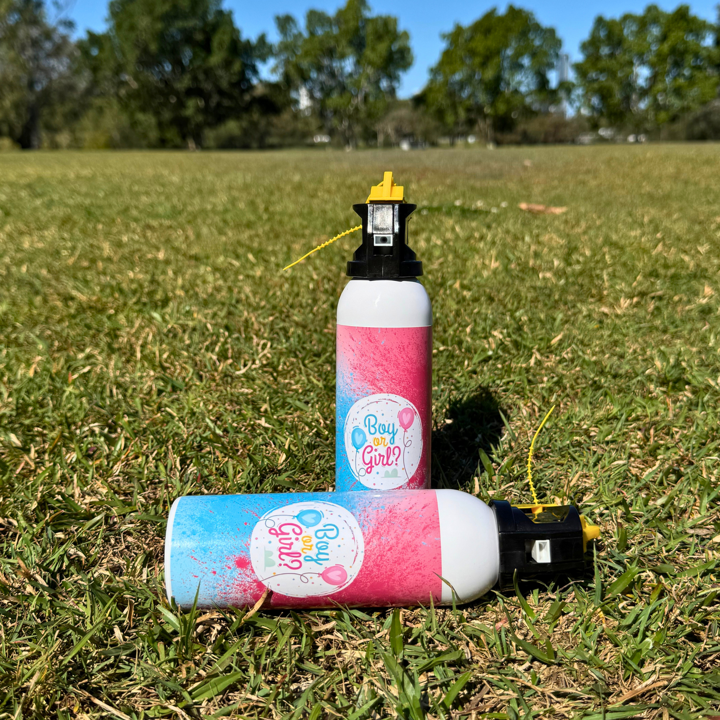 Gender Reveal Express Baby Powder Blaster on grass outdoors
