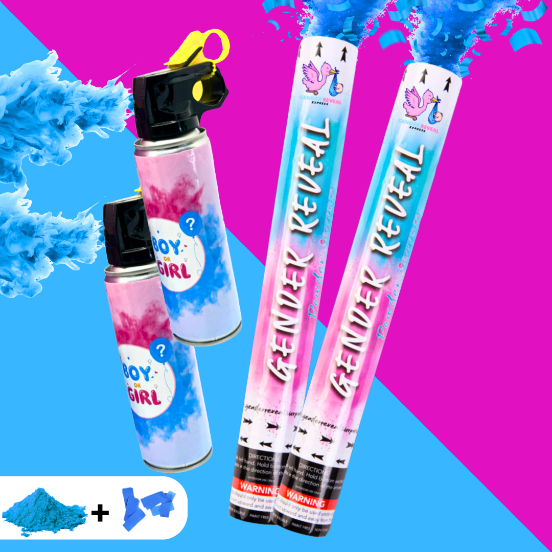 Blue gender reveal smoke blasters and confetti cannons with powder for baby boy party.