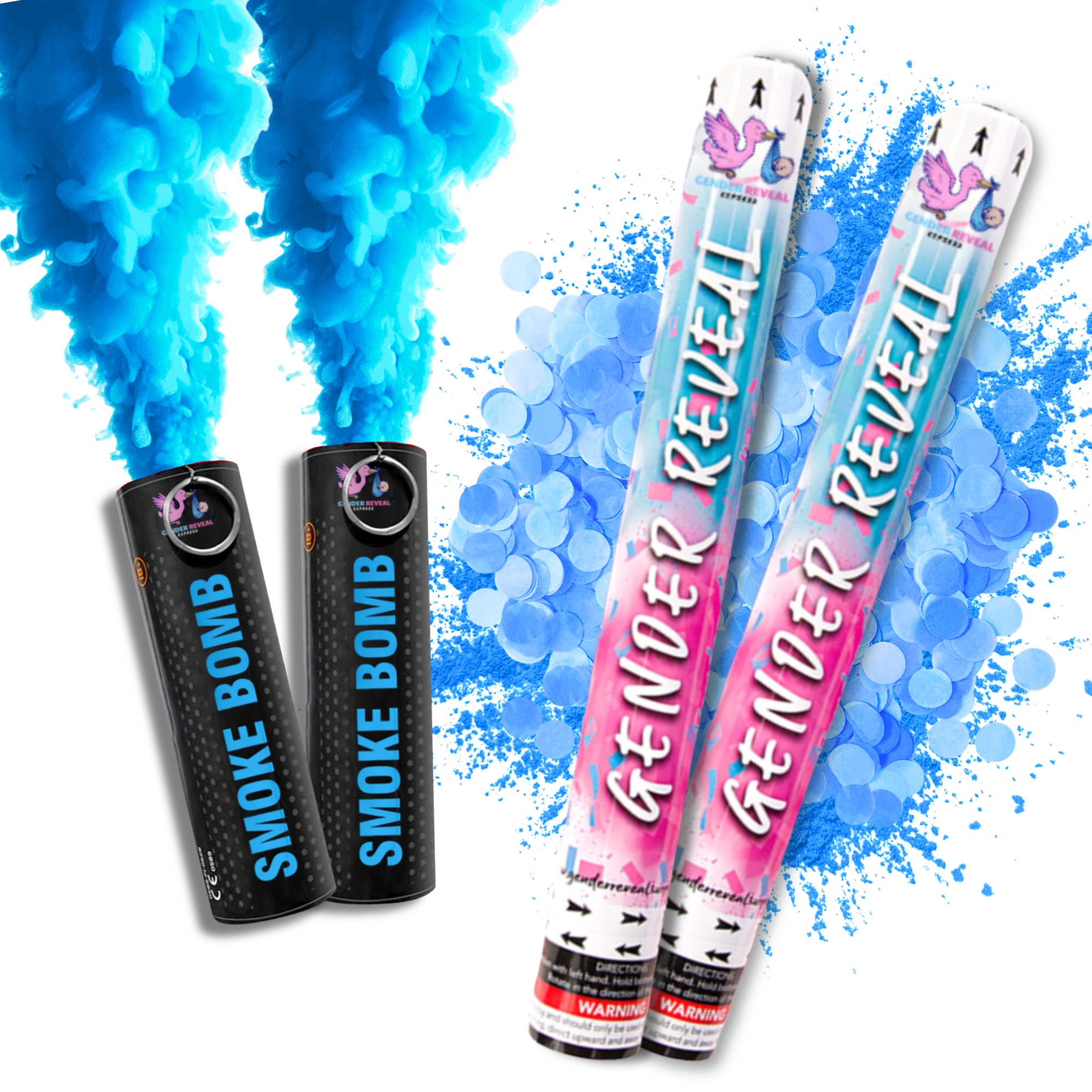 Blue gender reveal smoke bombs and confetti cannons with powder for baby boy gender reveal party