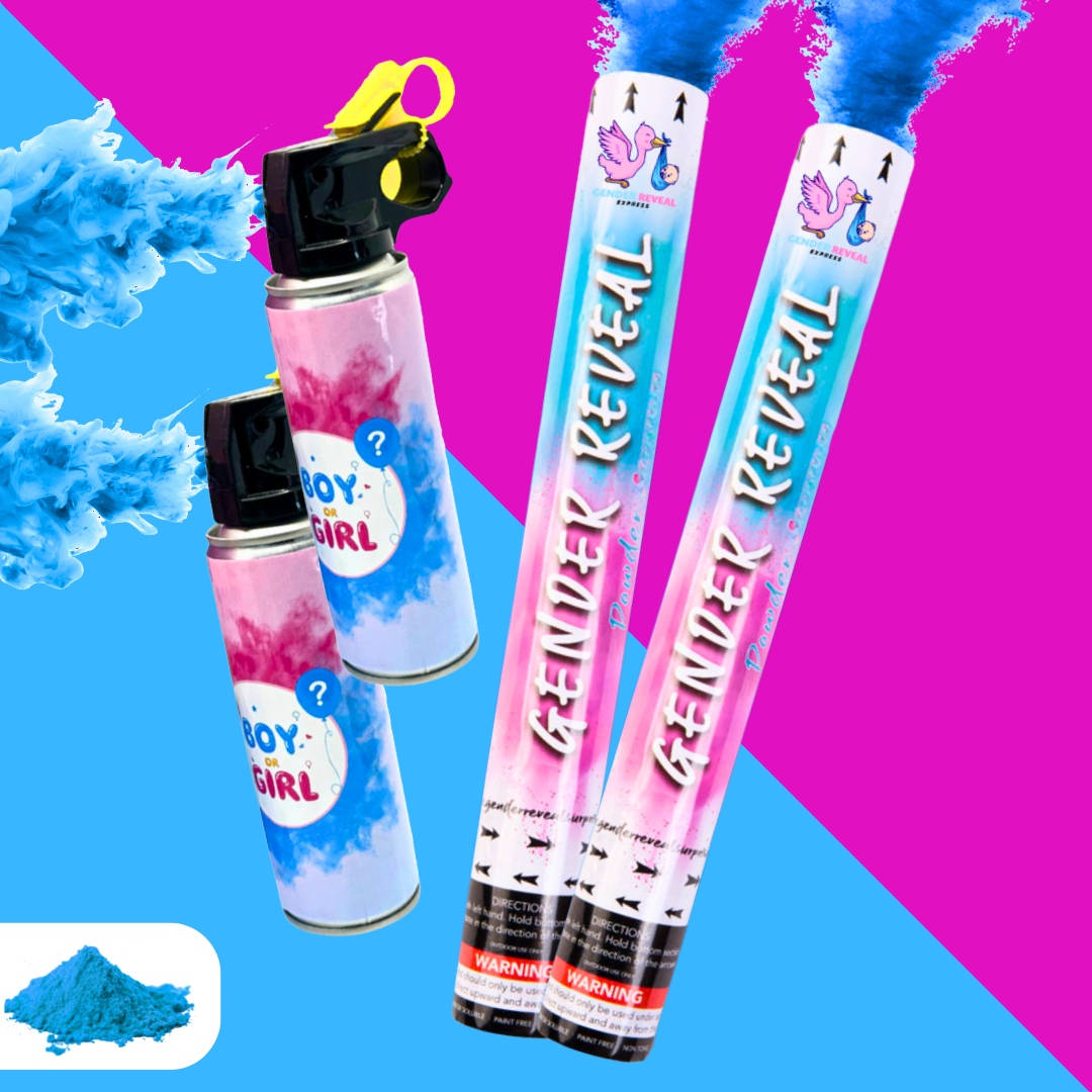 Blue gender reveal smoke blasters and cannons with powder for baby Boy announcement.