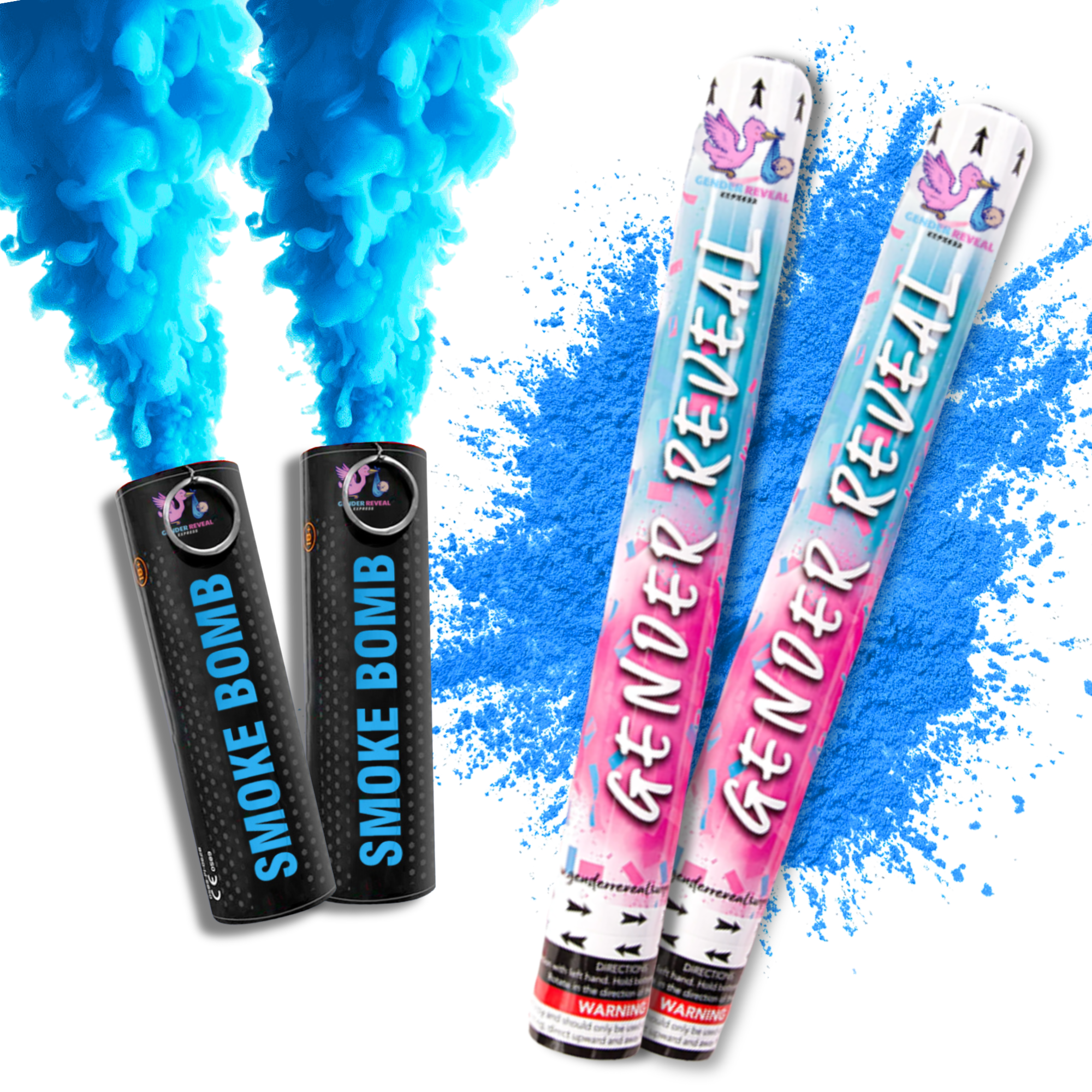 Blue gender reveal smoke bombs and cannons with powder for baby Boy announcement.