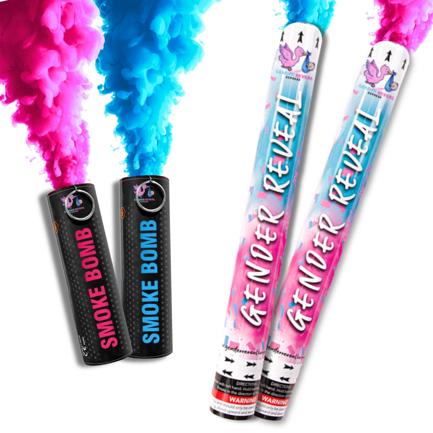 Gender reveal smoke bombs and cannons with pink and blue powder for boy or girl announcements.