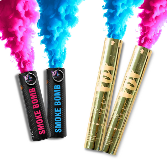 Gender reveal smoke bombs and luxury cannons with pink and blue powder for boy or girl gender reveal announcements.