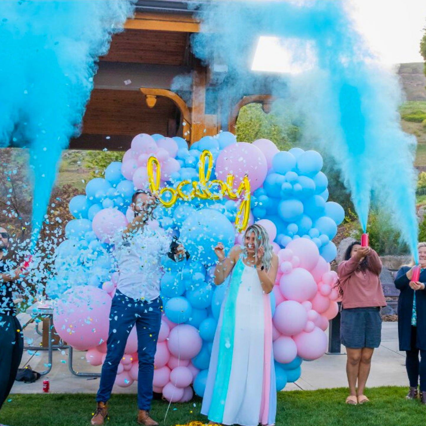 Gender Reveal Express Extinguisher for baby boy announcement.