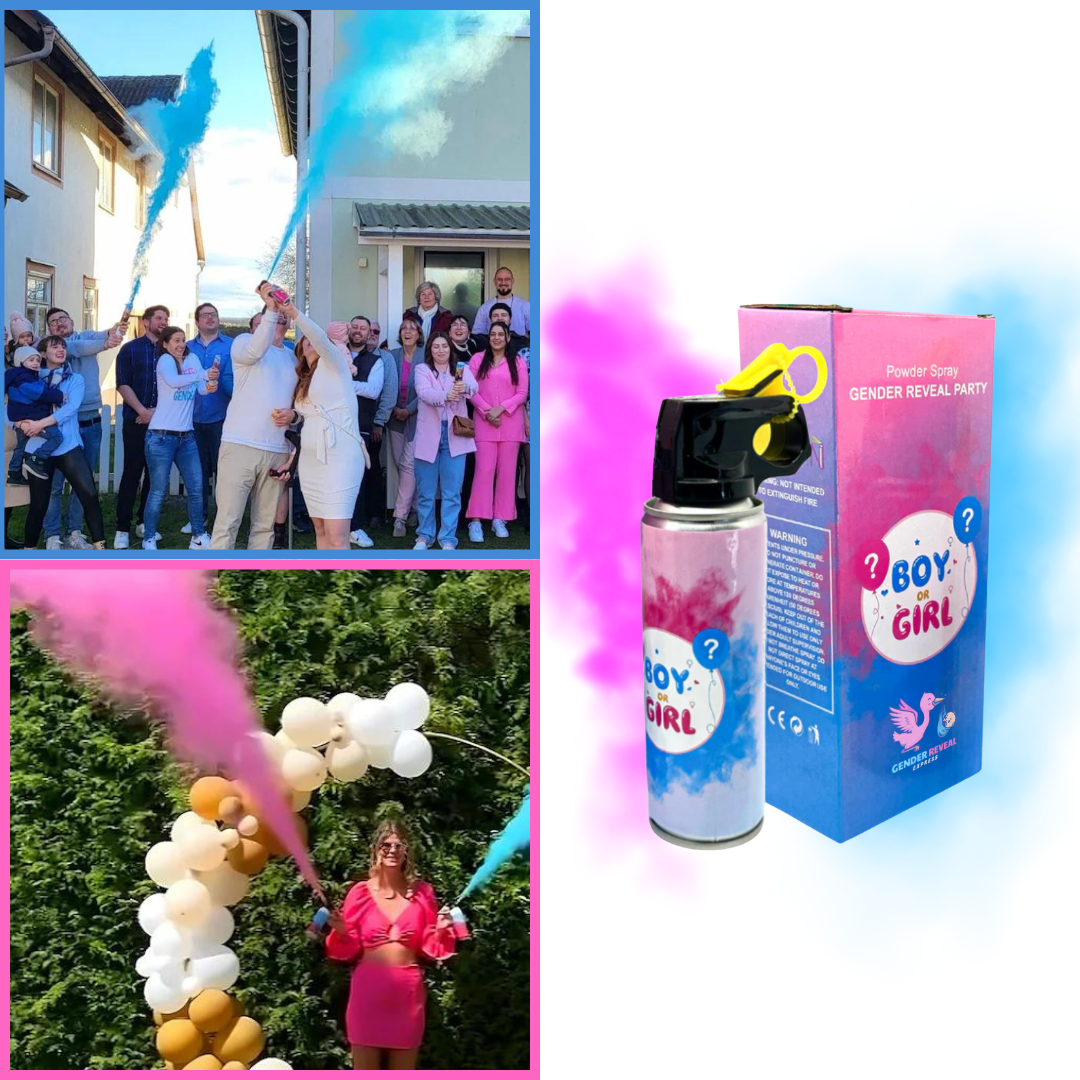 Couples using blue and pink gender reveal smoke blasters outdoors.