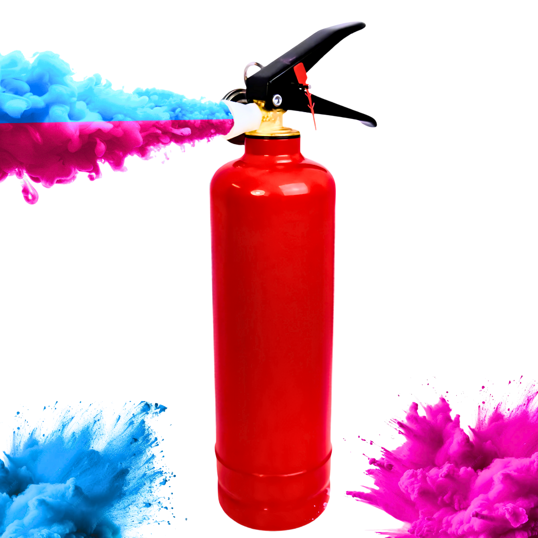 Gender reveal extinguisher with pink and blue powder clouds, featuring a stork logo and powder piles representing baby boy or girl announcement