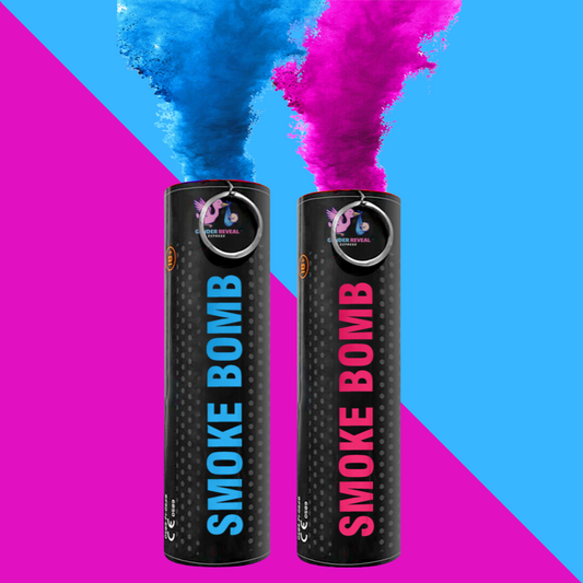 one Pink and one blue gender reveal smoke bomb with pink smoke coming out for gender reveal event