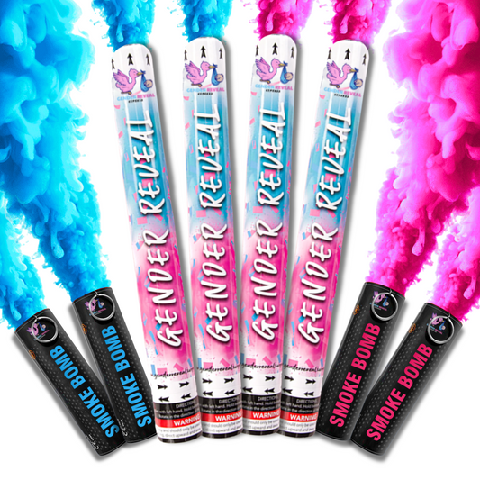 Gender reveal smoke bomb and powder cannon bundle with pink and blue smoke effects — vibrant party set for unforgettable boy or girl reveal moments.